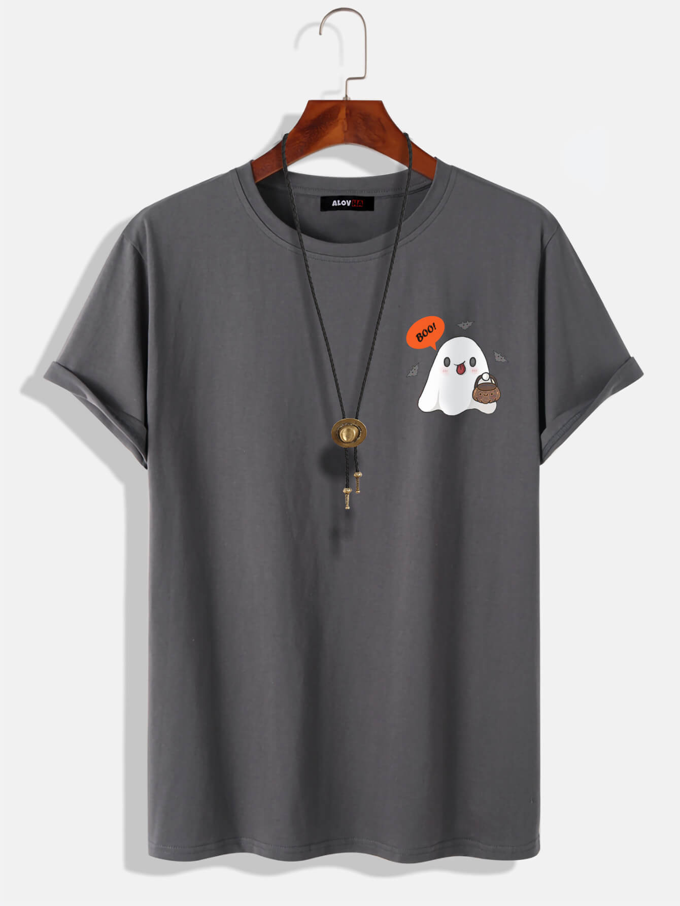 100% Cotton T-Shirt with Cute Ghost Print Crew Neck