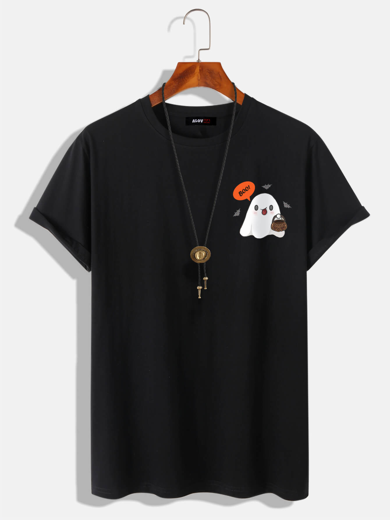 100% Cotton T-Shirt with Cute Ghost Print Crew Neck