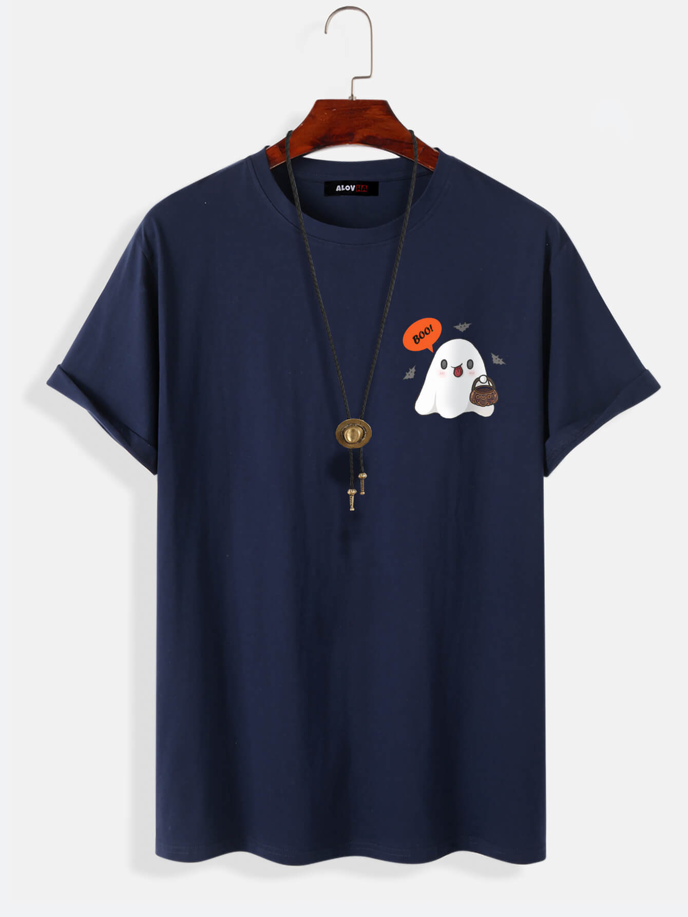 100% Cotton T-Shirt with Cute Ghost Print Crew Neck