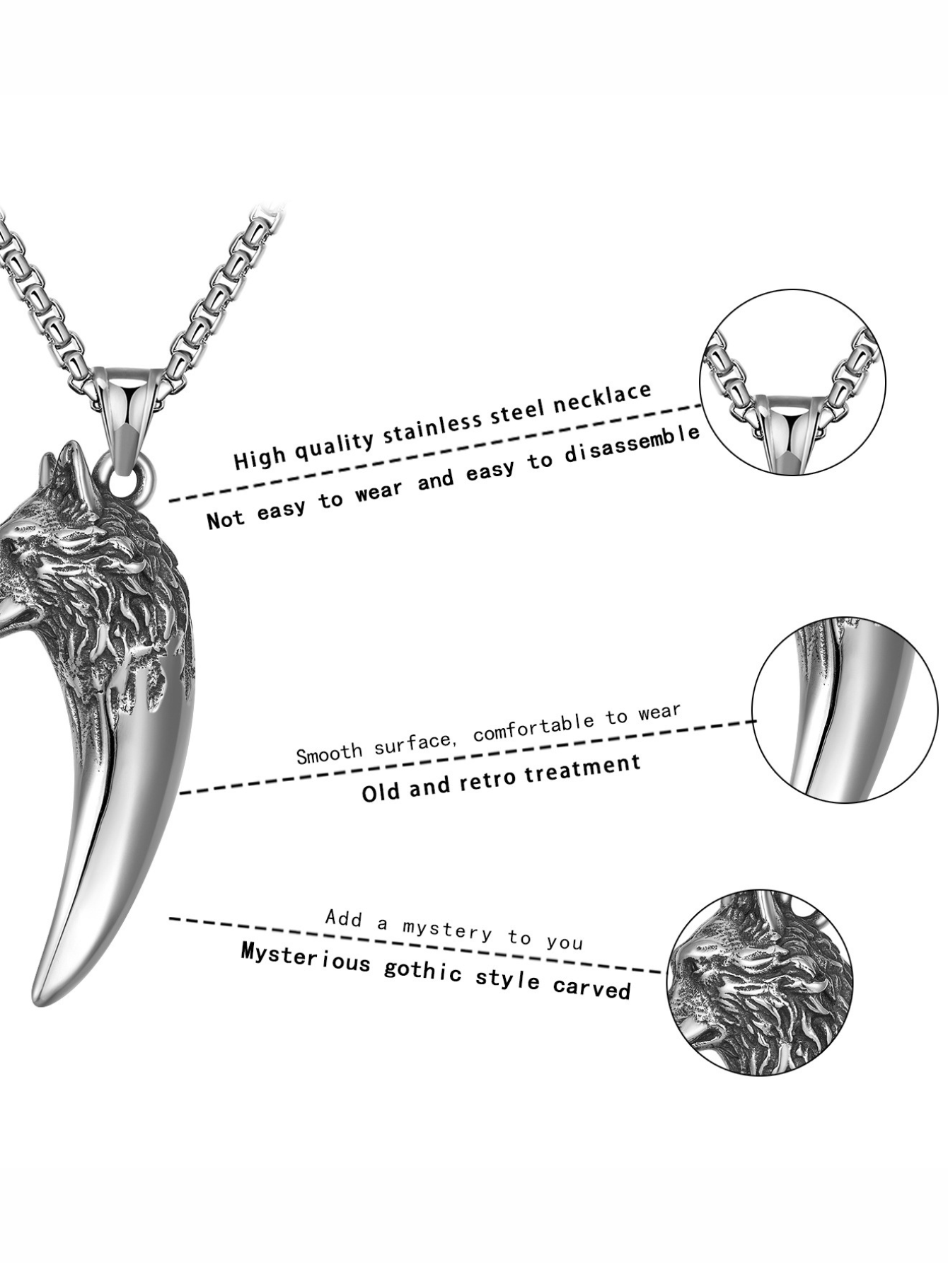 Mens Wolf Head Teeth Titanium Steel Necklace