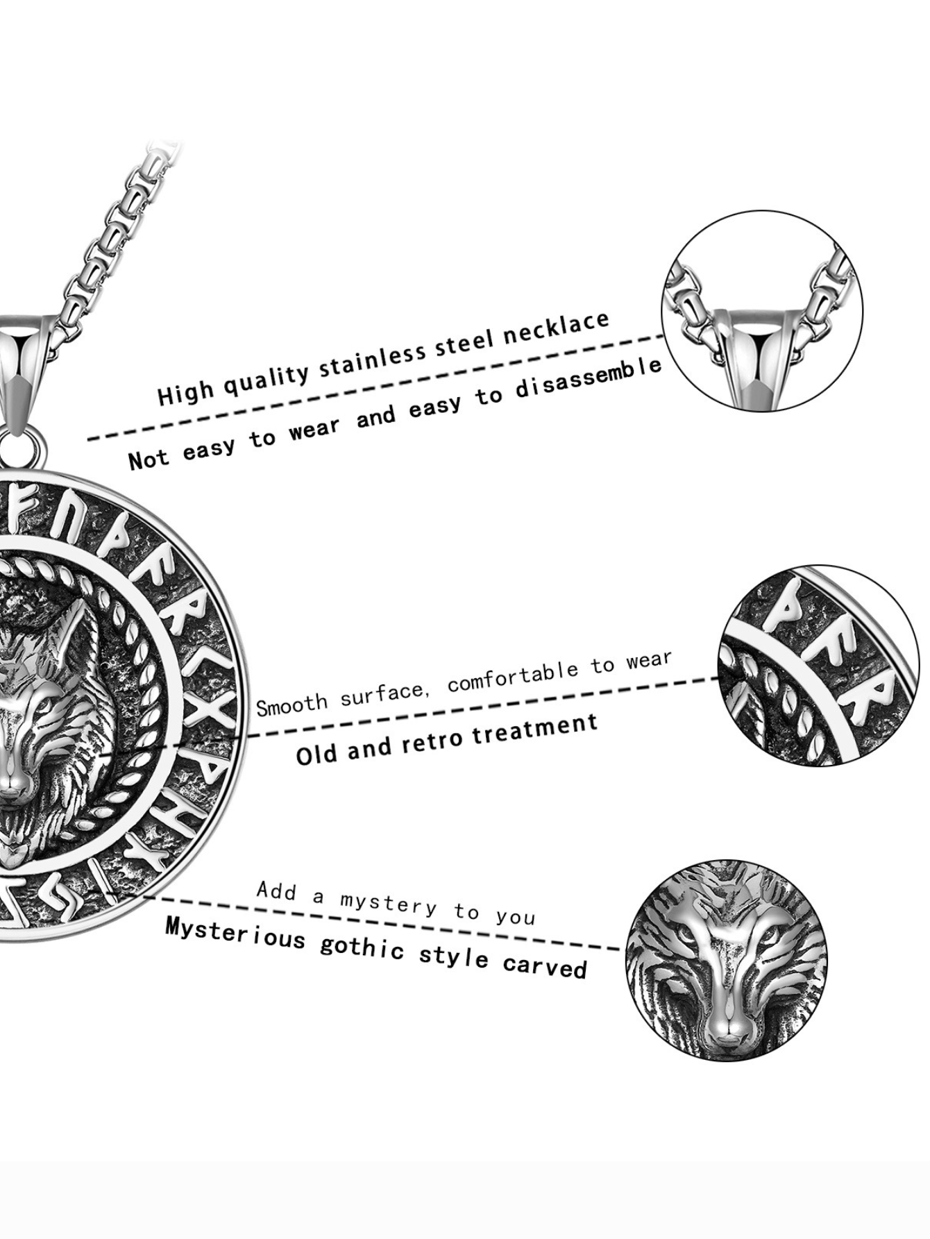 Mens Wolf King Rune Titanium Steel Necklace