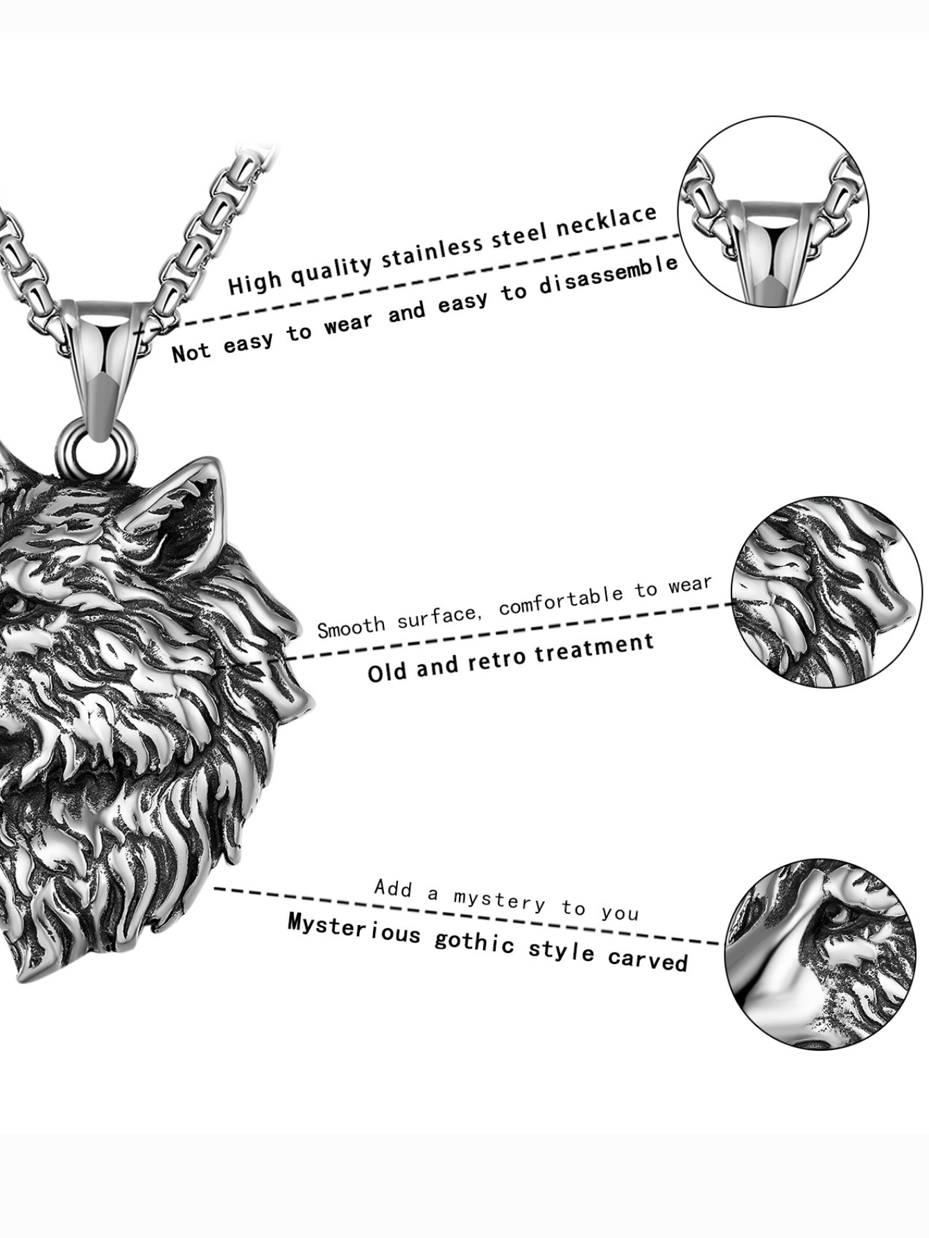 Mens Wolf Head Titanium Punk Necklace