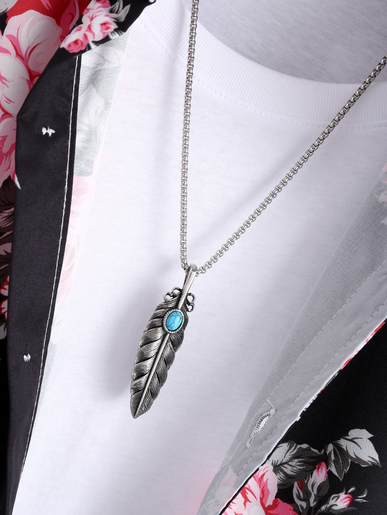 Mens Vintage Feather Leaf Titanium Steel Necklace