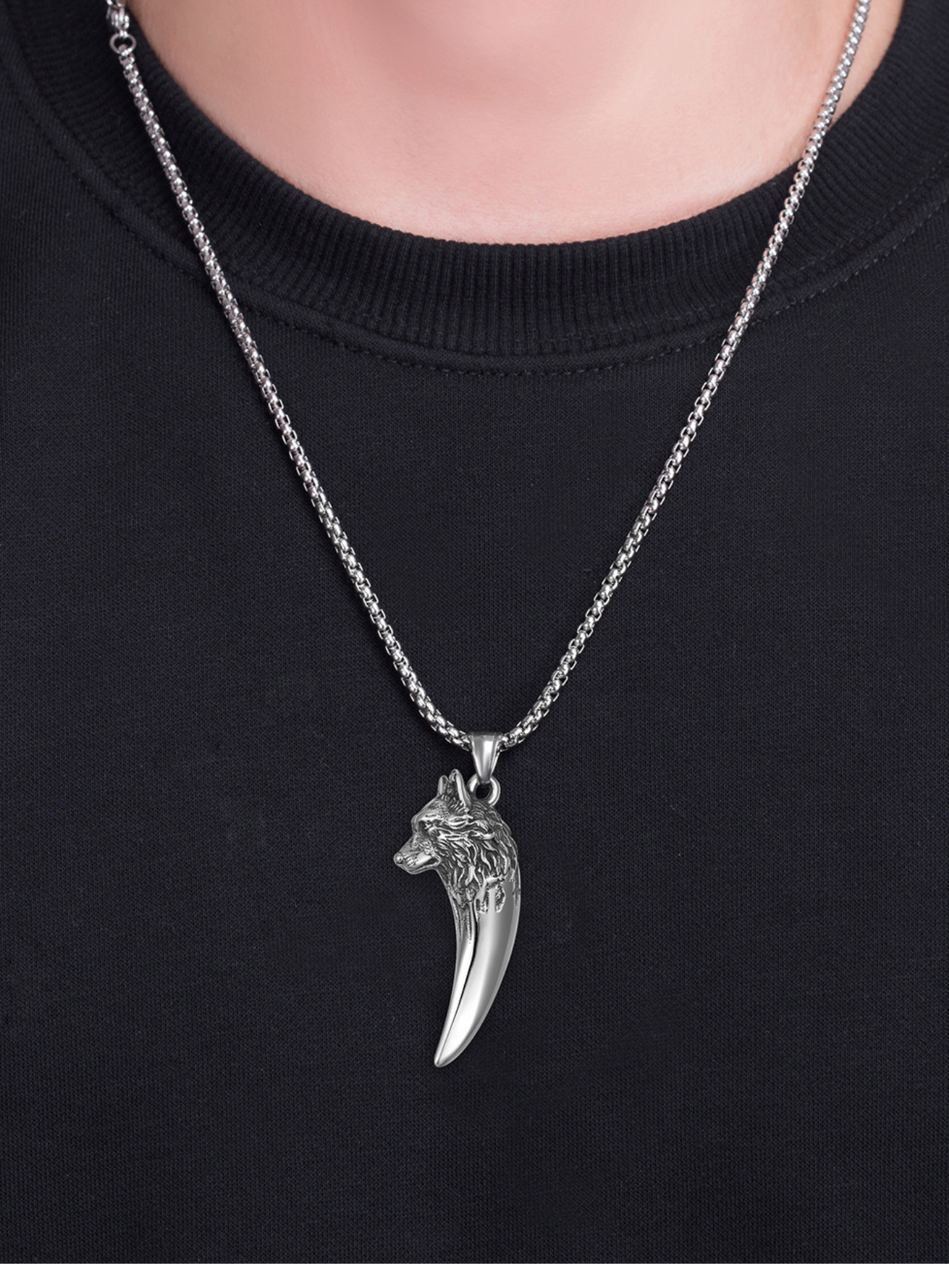 Mens Wolf Head Teeth Titanium Steel Necklace