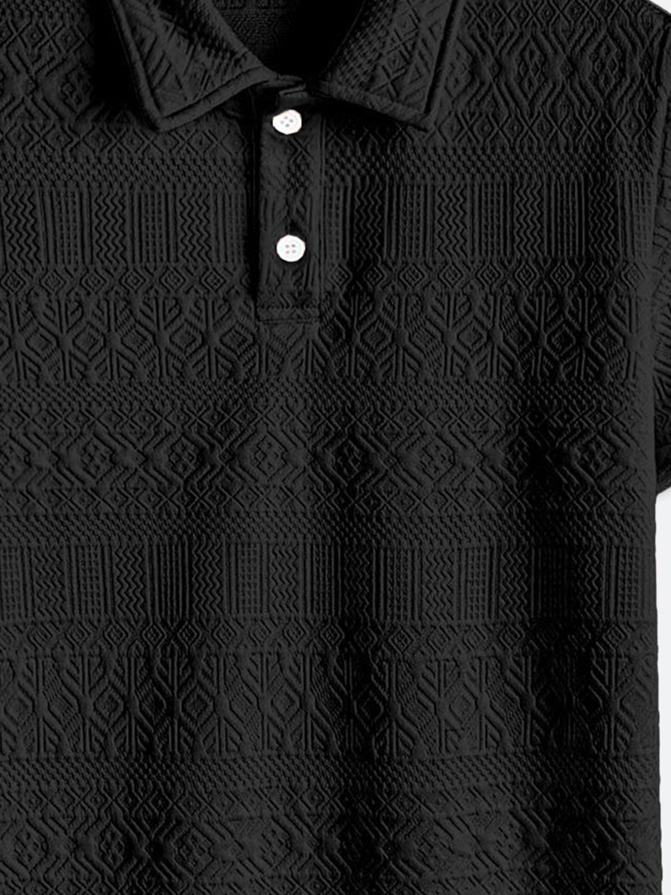 Black Knitted Textured Polo Shirt With Lapel Collar