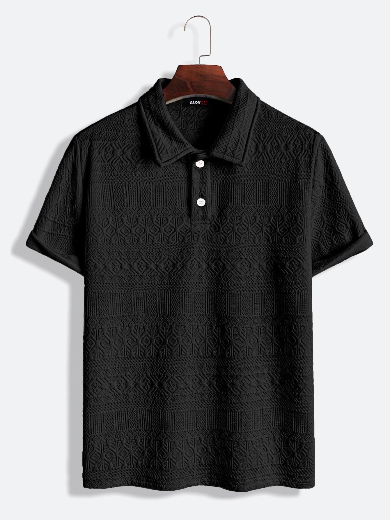 Black Knitted Textured Polo Shirt With Lapel Collar