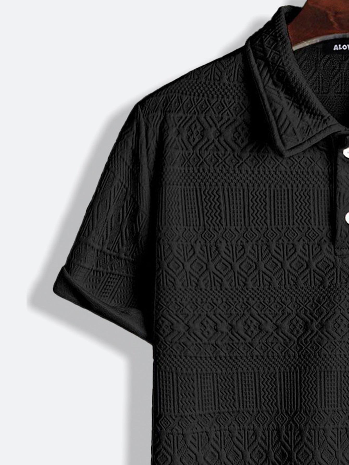 Black Knitted Textured Polo Shirt With Lapel Collar