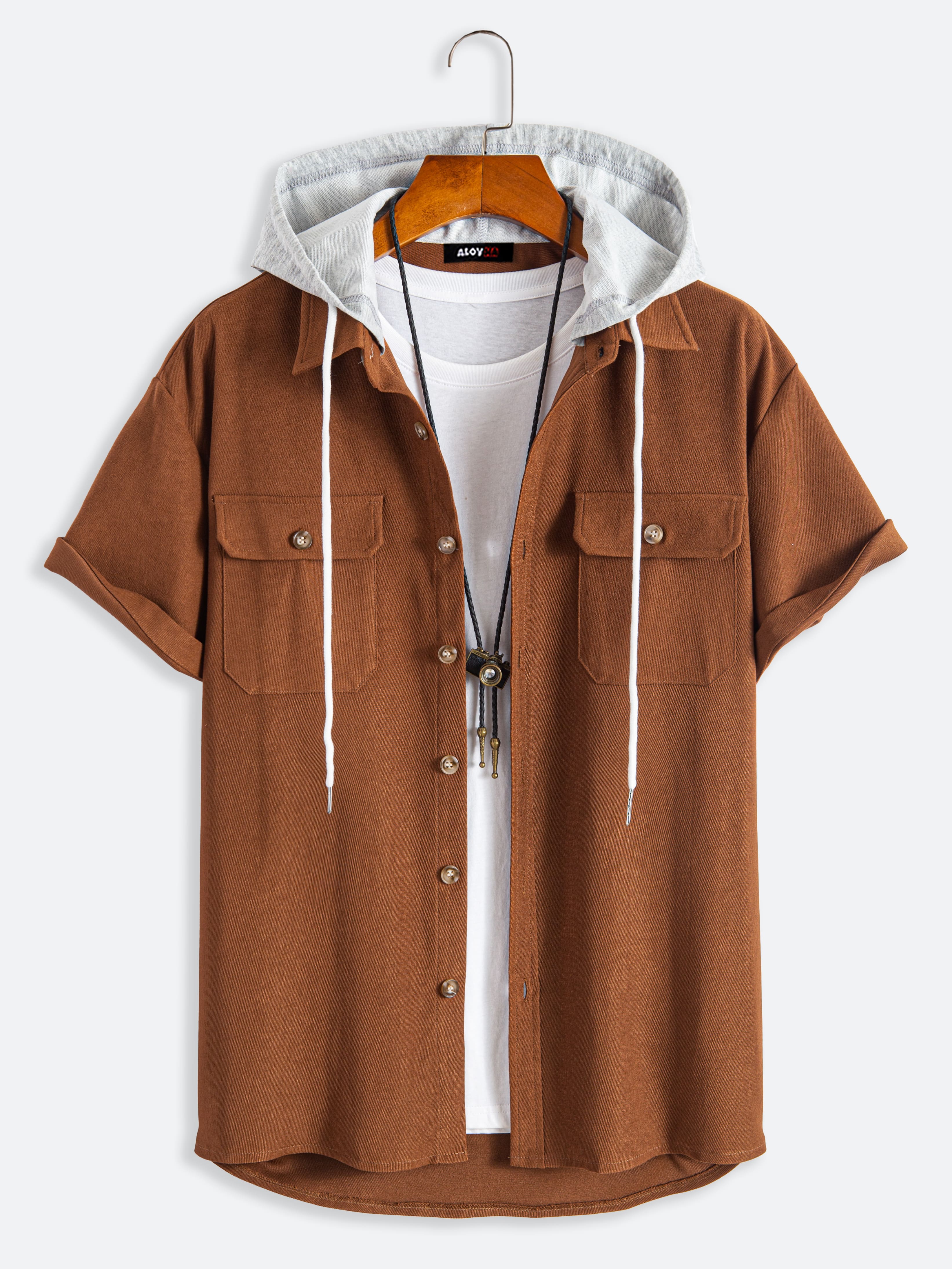 Casual Brown Double Pocket Short Sleeve Hoodie