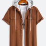 Casual Brown Double Pocket Short Sleeve Hoodie