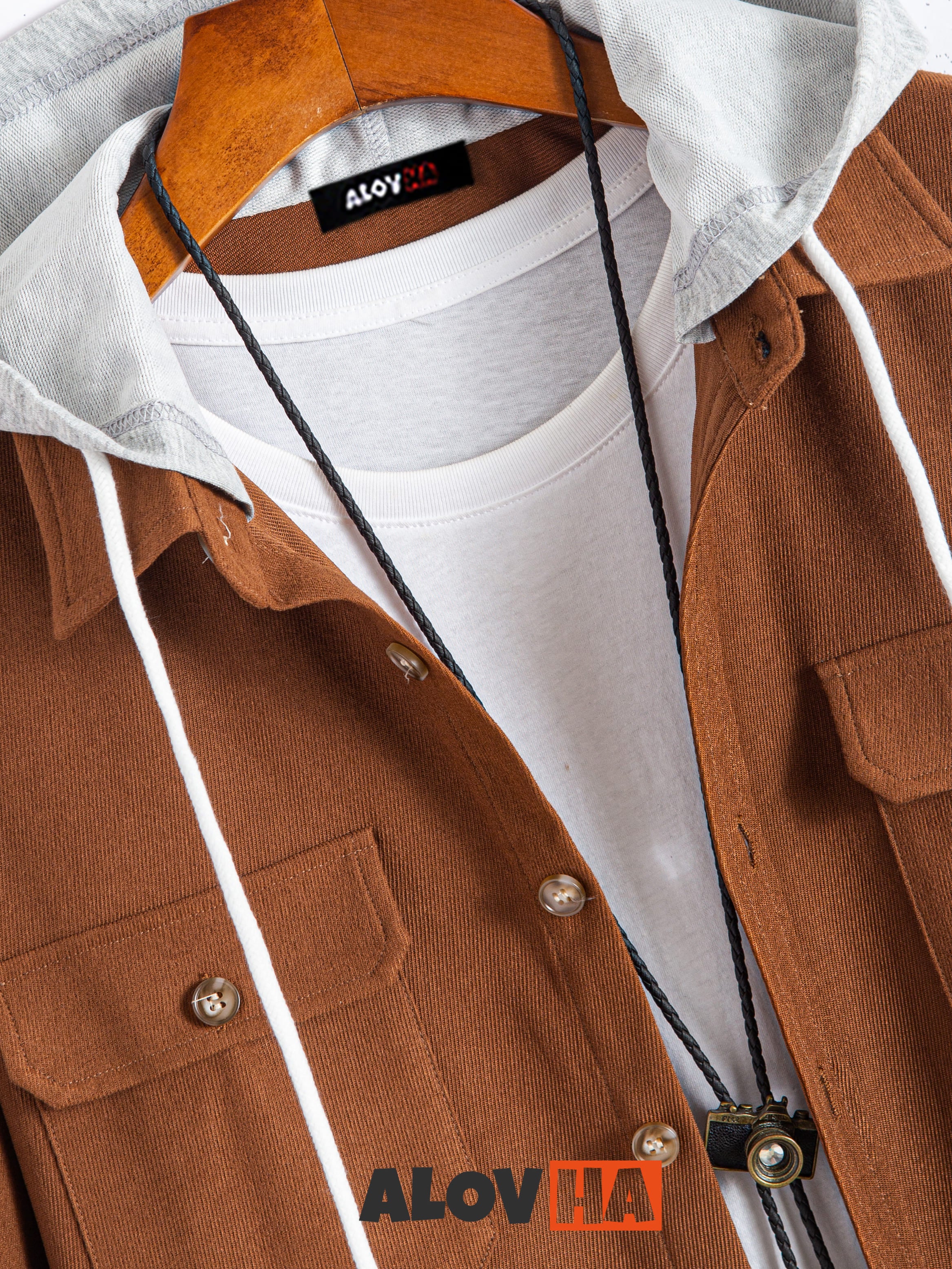 Casual Brown Double Pocket Short Sleeve Hoodie