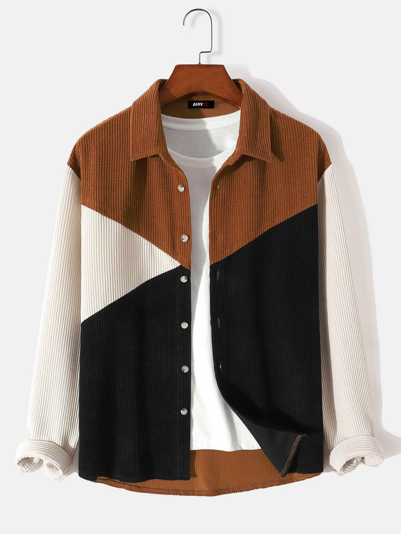 Casual Long Sleeve Color Block Corduroy Shirt