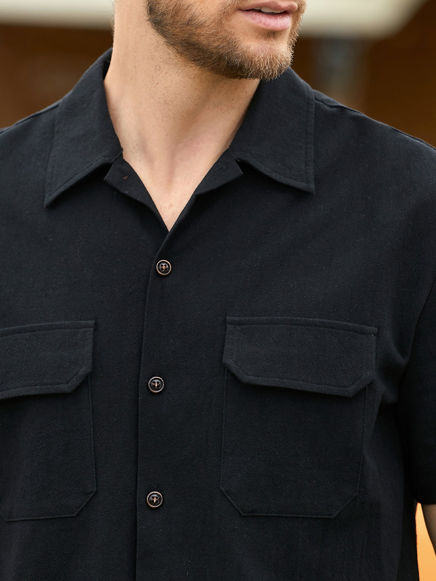 Casual Versatile Black Textured Short-Sleeve Shirt