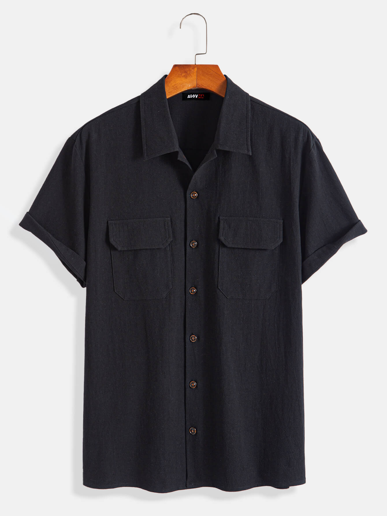 Casual Versatile Black Textured Short-Sleeve Shirt