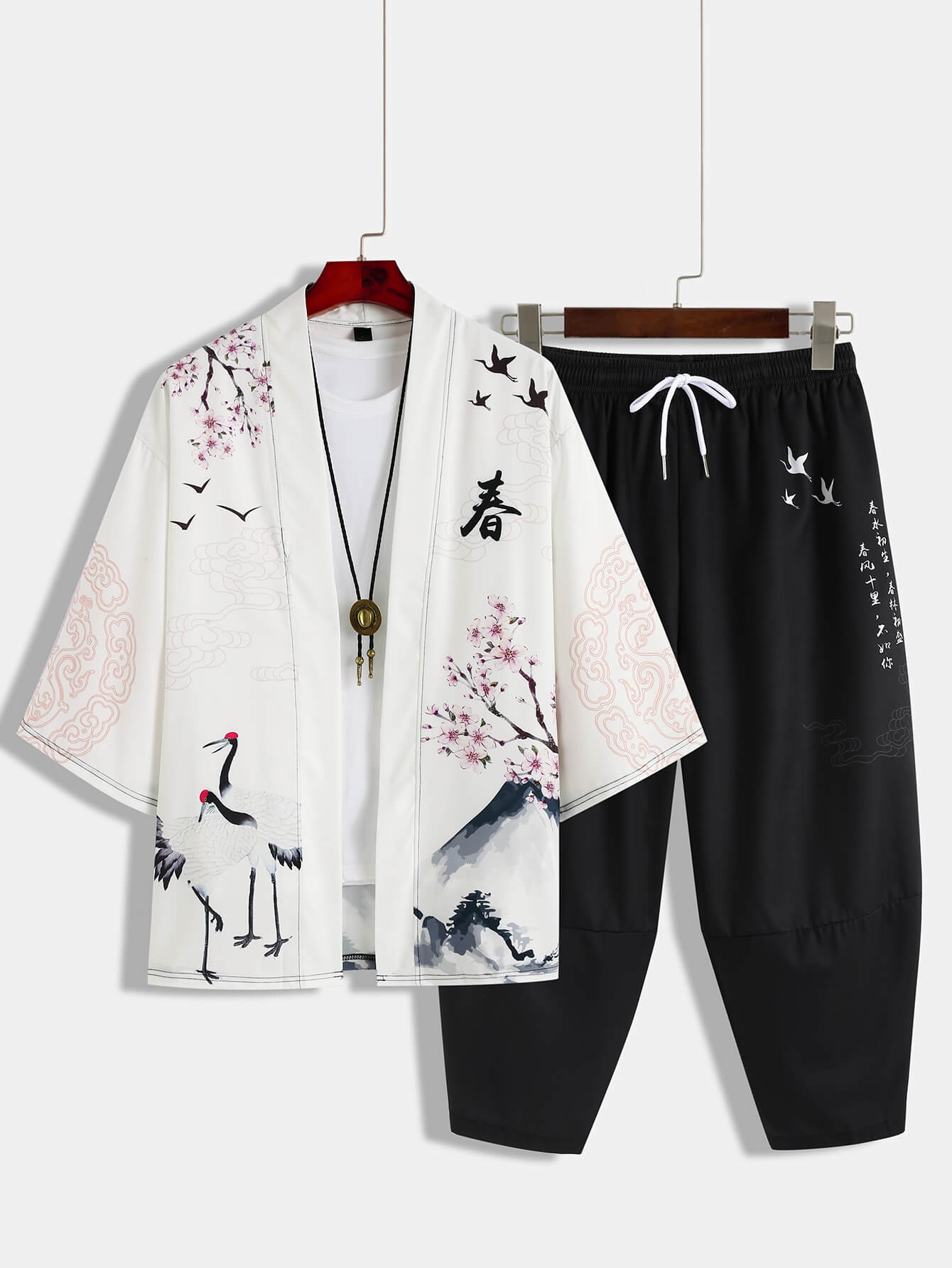 Chinese Characters Crane Sakura Pattern Two-Piece Cardigan Kimono with Shorts Set