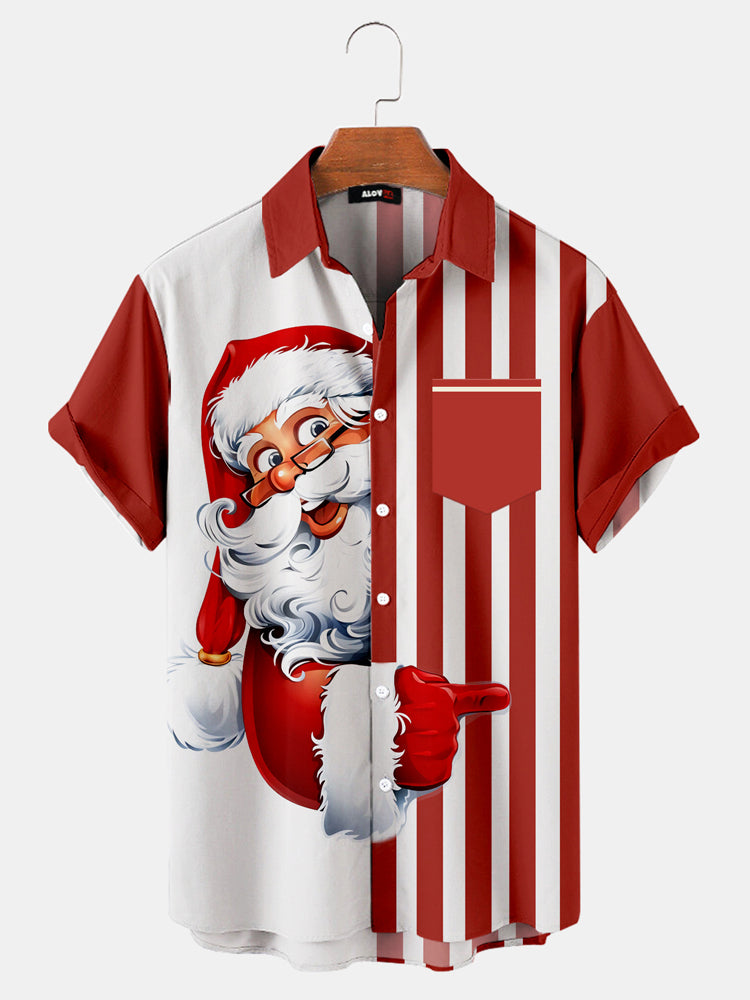 Camisa com estampa de patchwork listrada de papai noel de natal