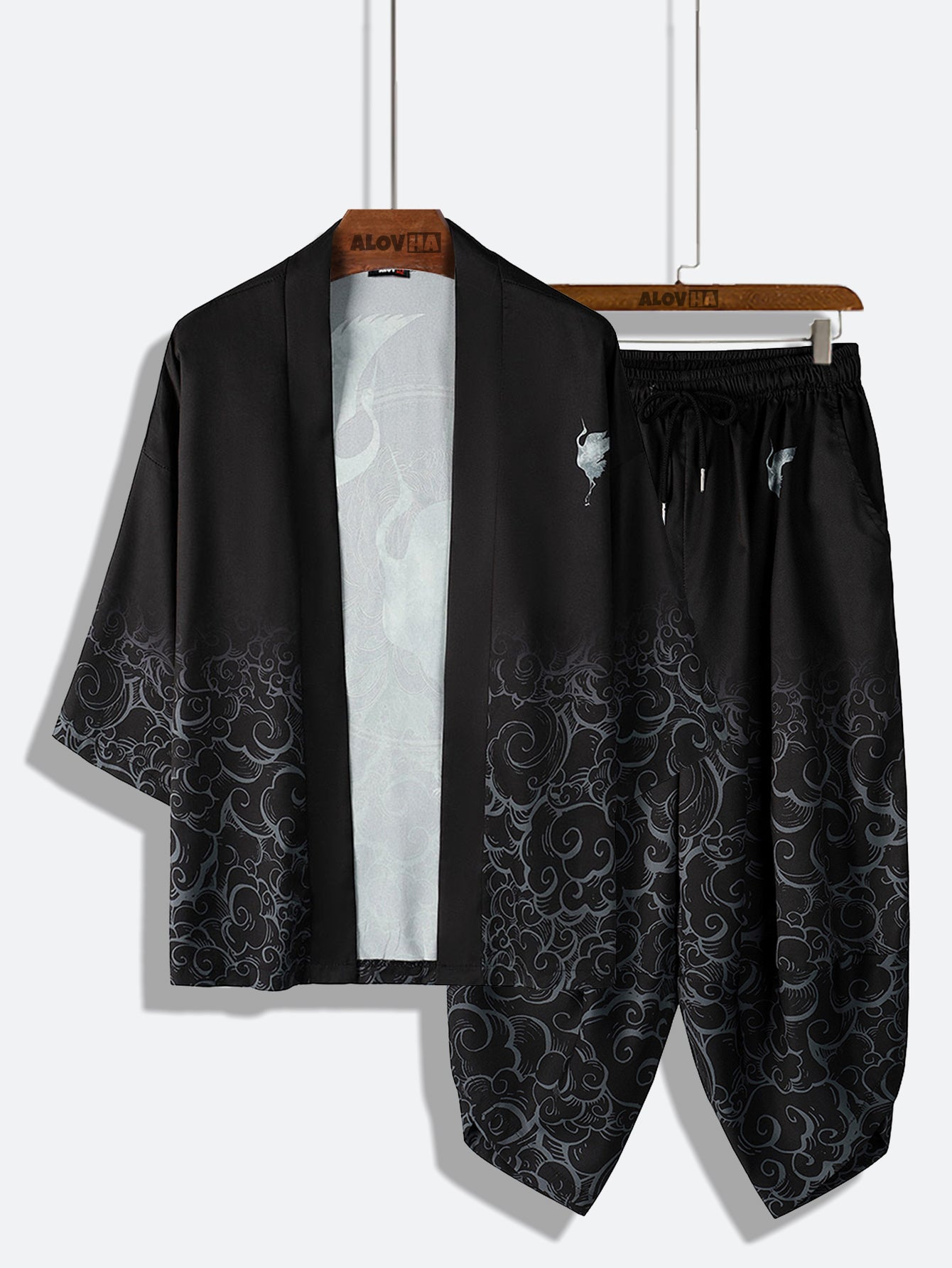 Mens Crane Printed Open Front Kimono with Shorts Set