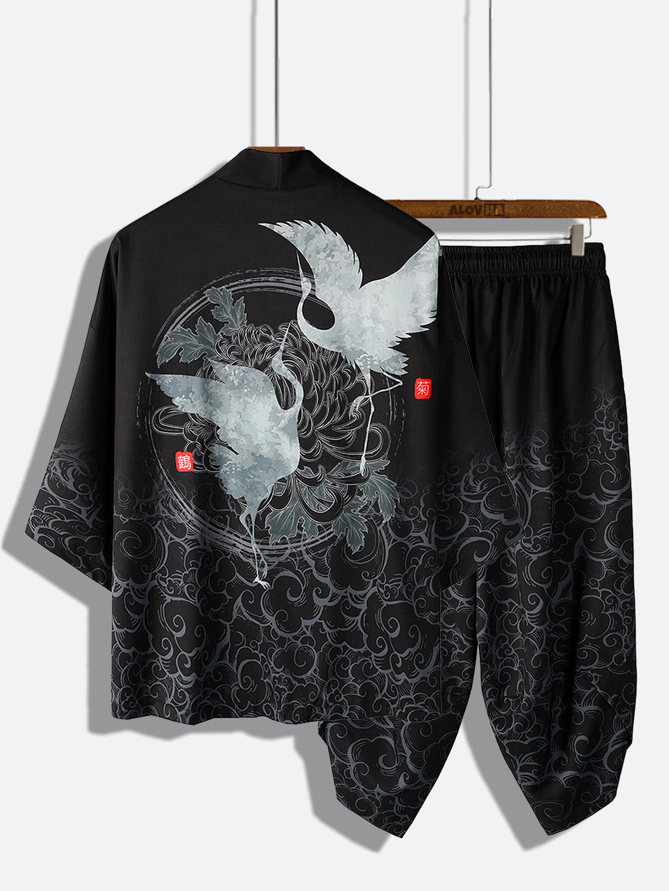 Mens Crane Printed Open Front Kimono with Shorts Set