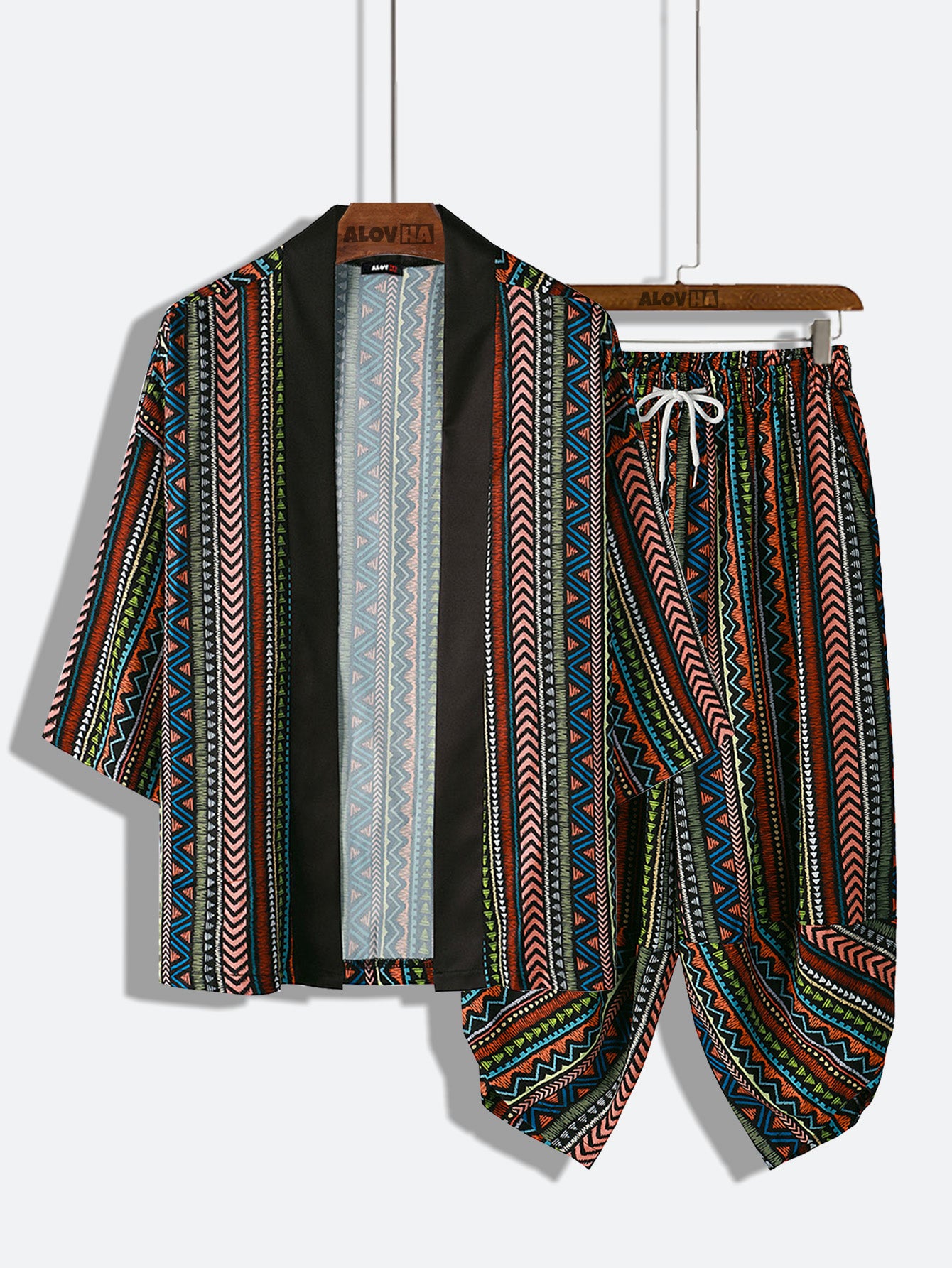 Ethnic Stripe Print Kimono Set