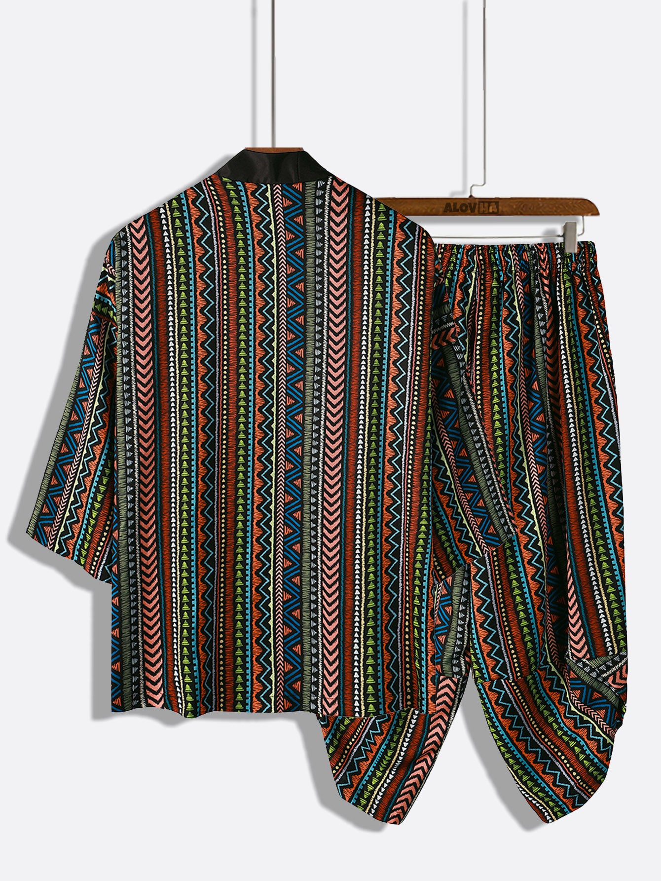 Ethnic Stripe Print Kimono Set