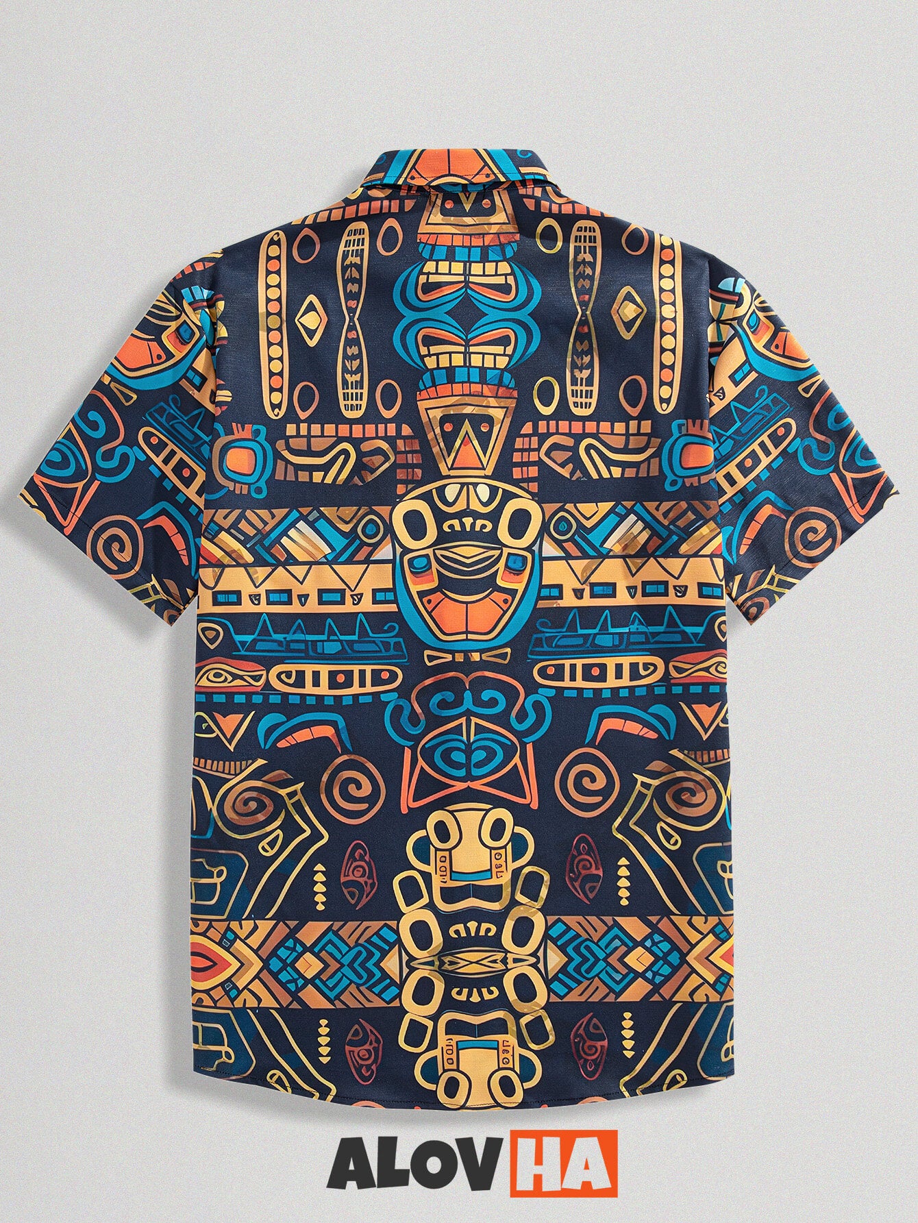 Ethnic Totem Design Textured Lapel Shirt