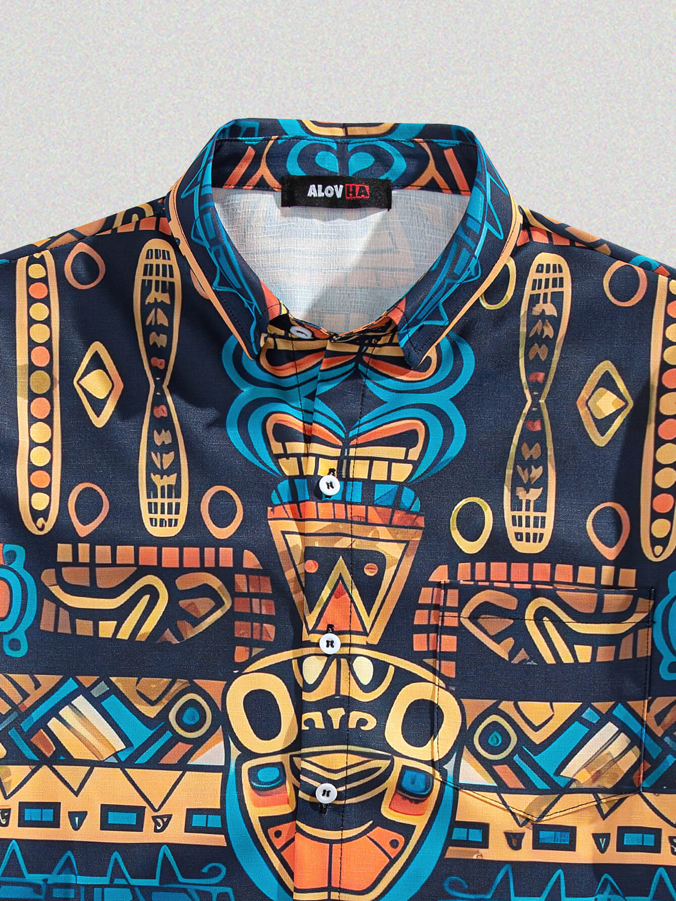 Ethnic Totem Design Textured Lapel Shirt