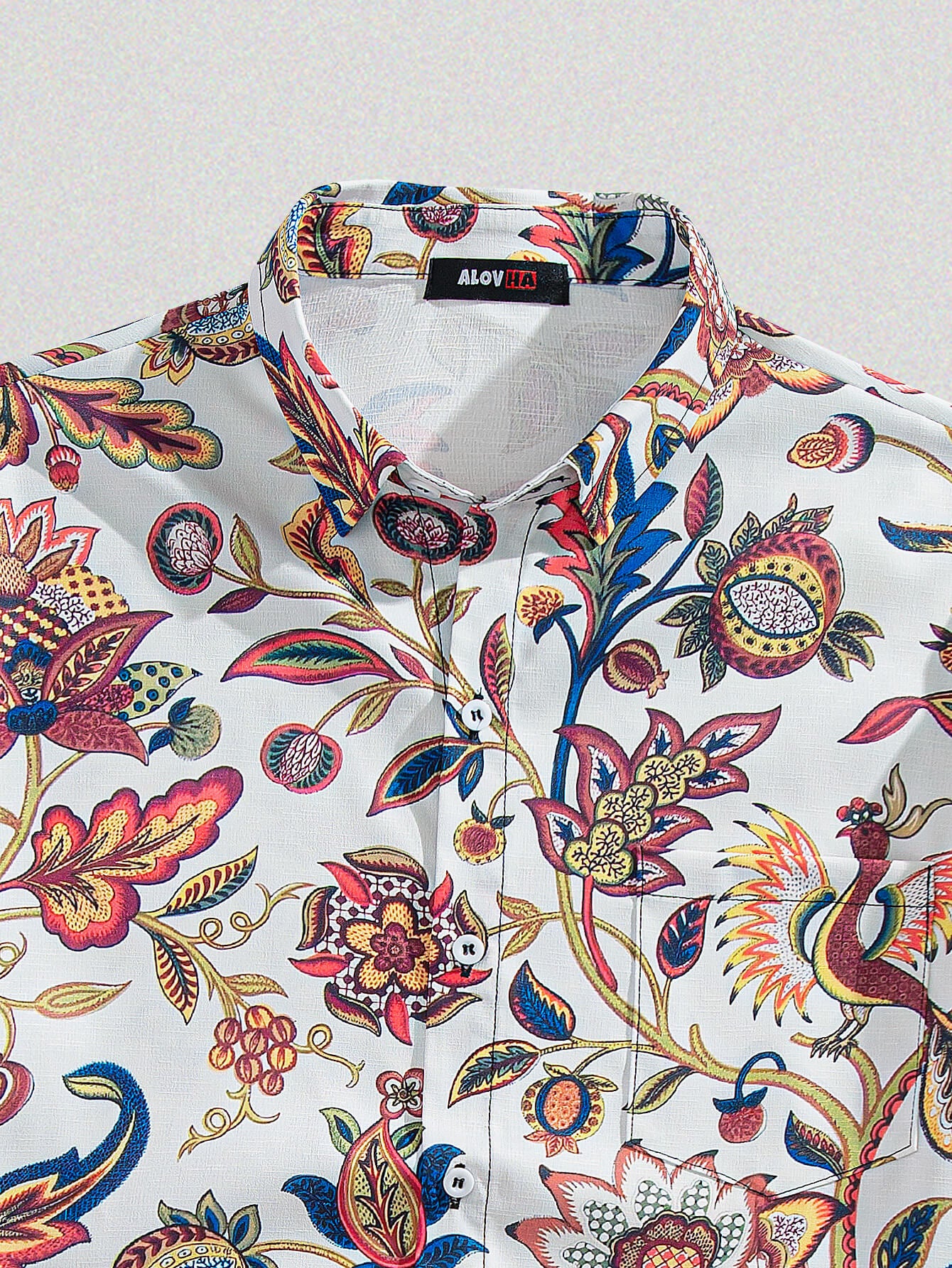 Stylish Birds and Flowers Print Textured Button-Up Shirt