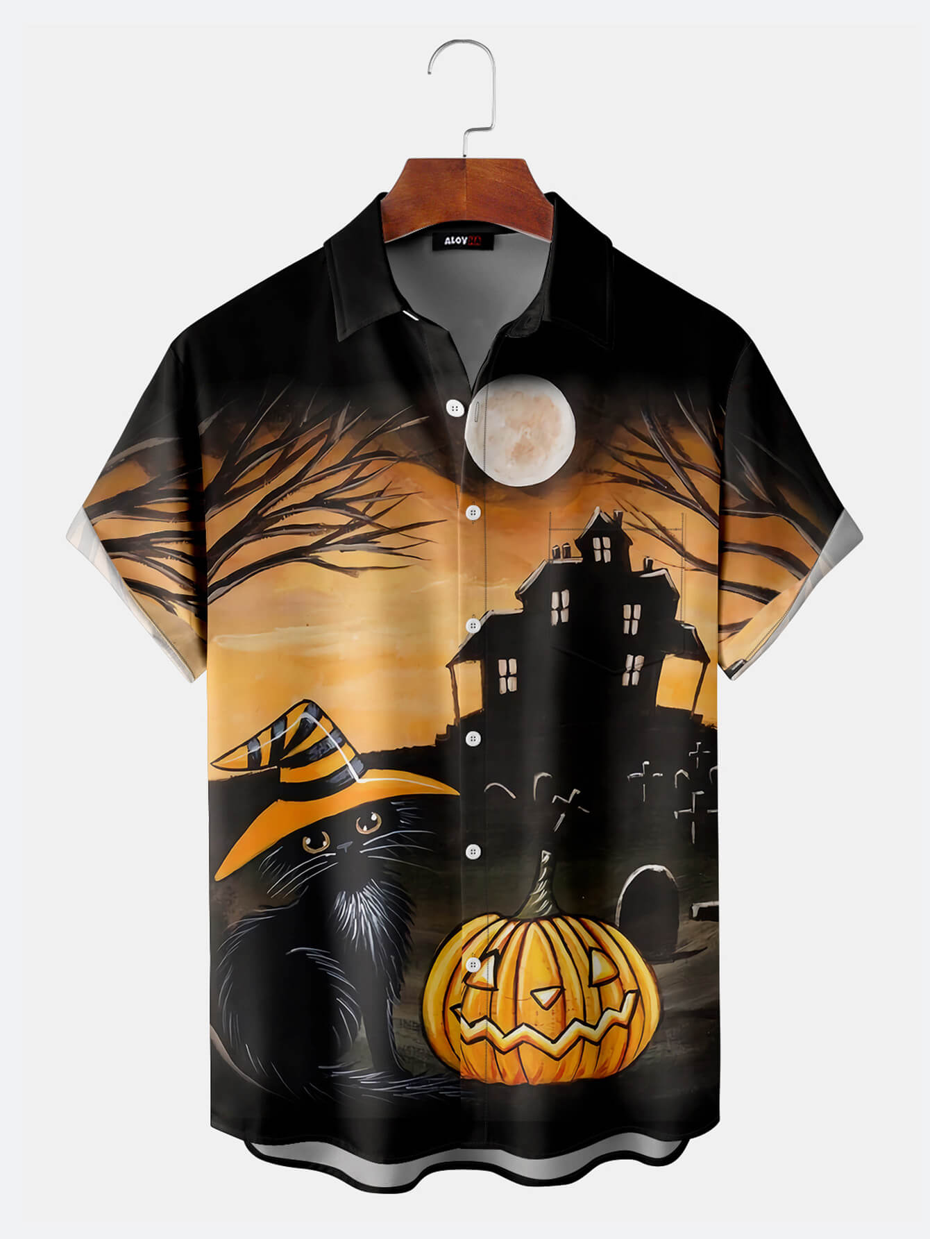 Halloween Cat Haunted House Print Holiday Party Shirt