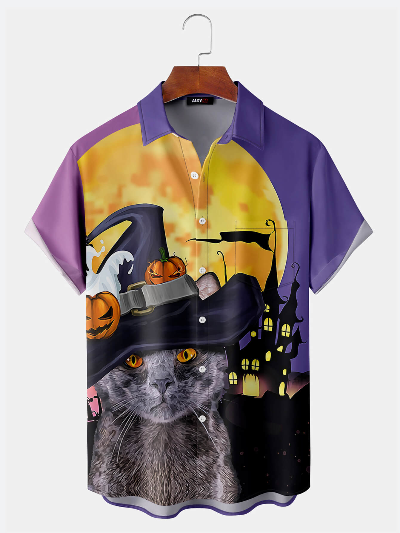 Halloween Magic Hat Cat Button Shirt