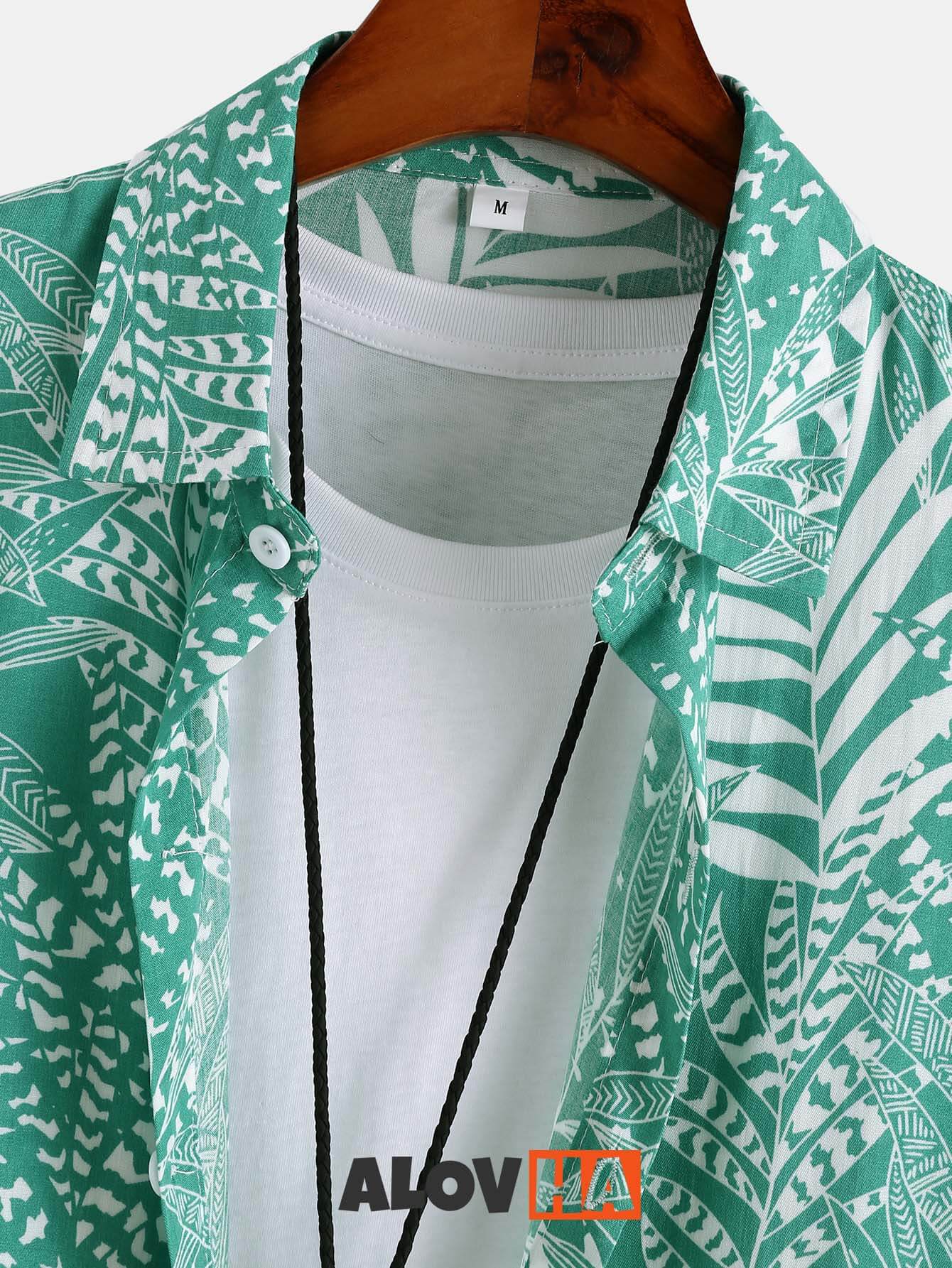 Hawaiian Leaf Print Lapel Collar Shirt