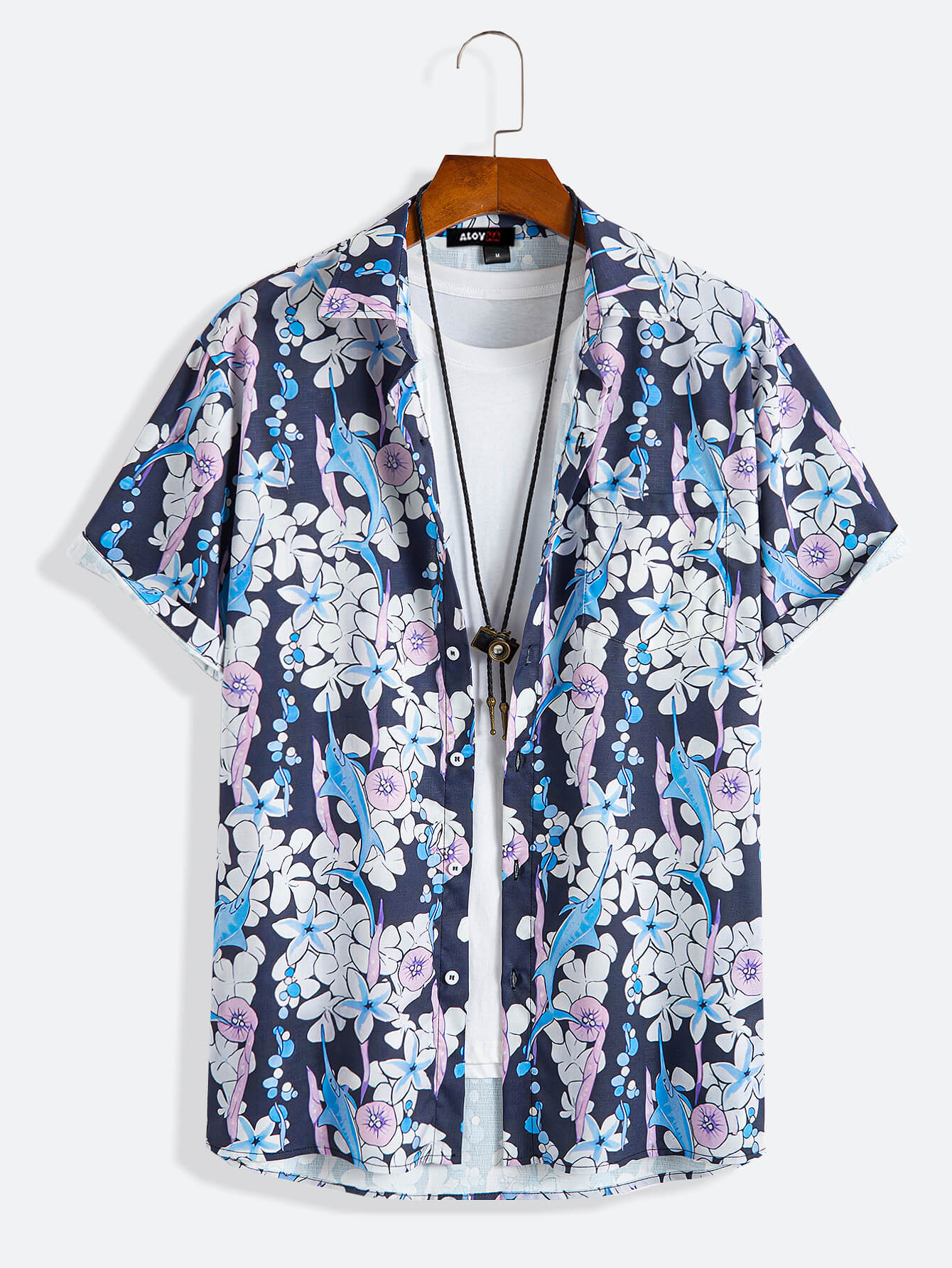 Hawaiian Pipefish Print Button-Up Short-Sleeve Aloha Shirt