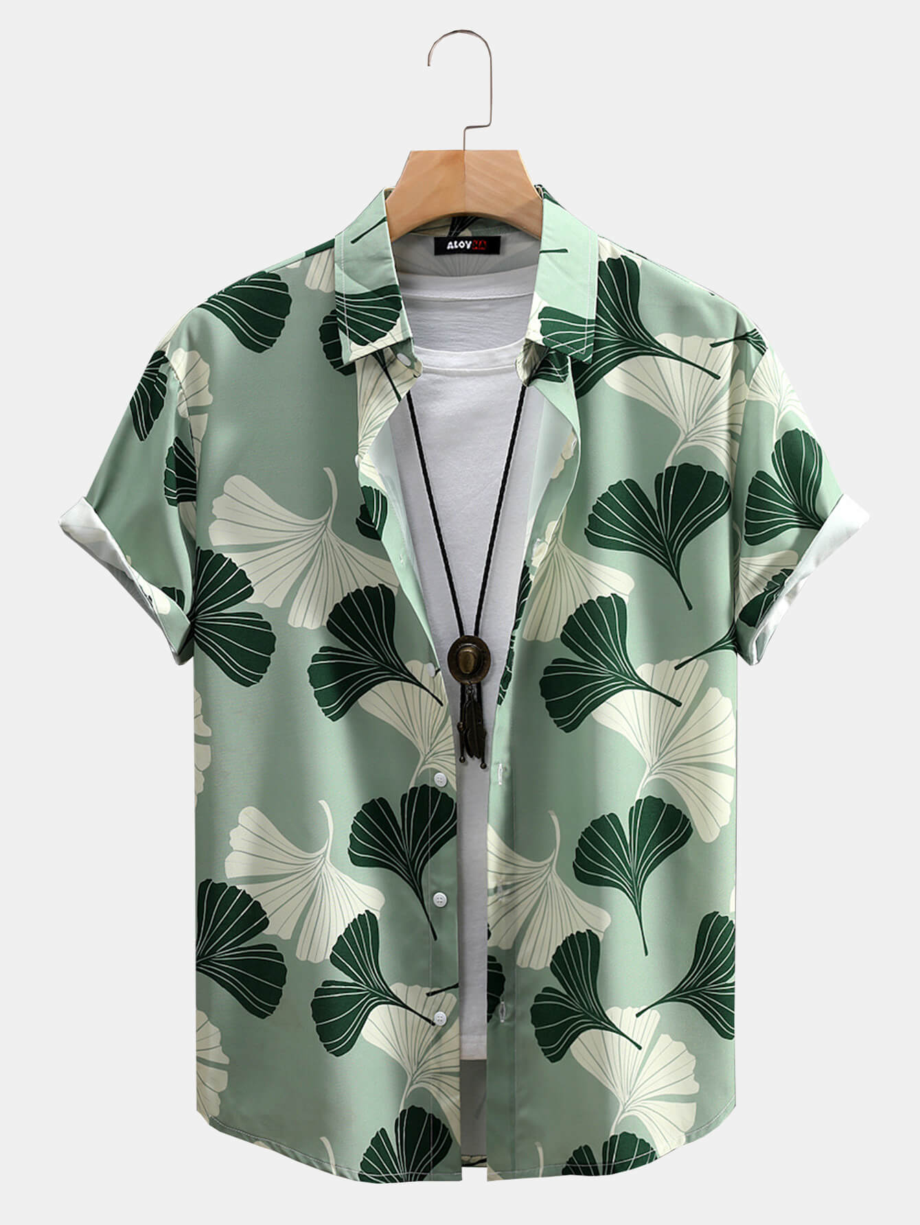 Hawaiian Short Sleeve Shirt Men's Fan Leaf Print Button Up Shirt