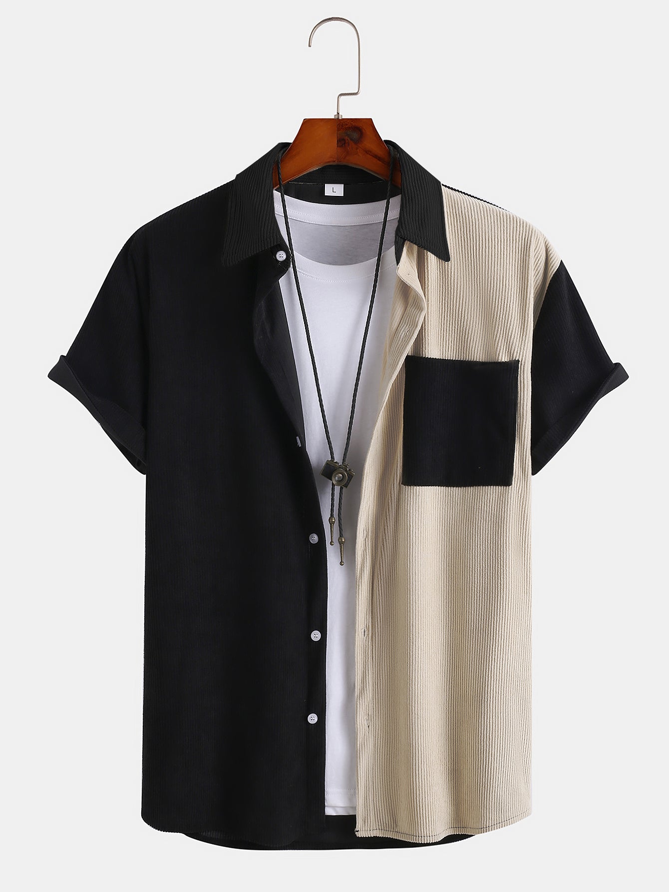 Men Patchwork Corduroy Short Sleeve Buttun Up Shirt