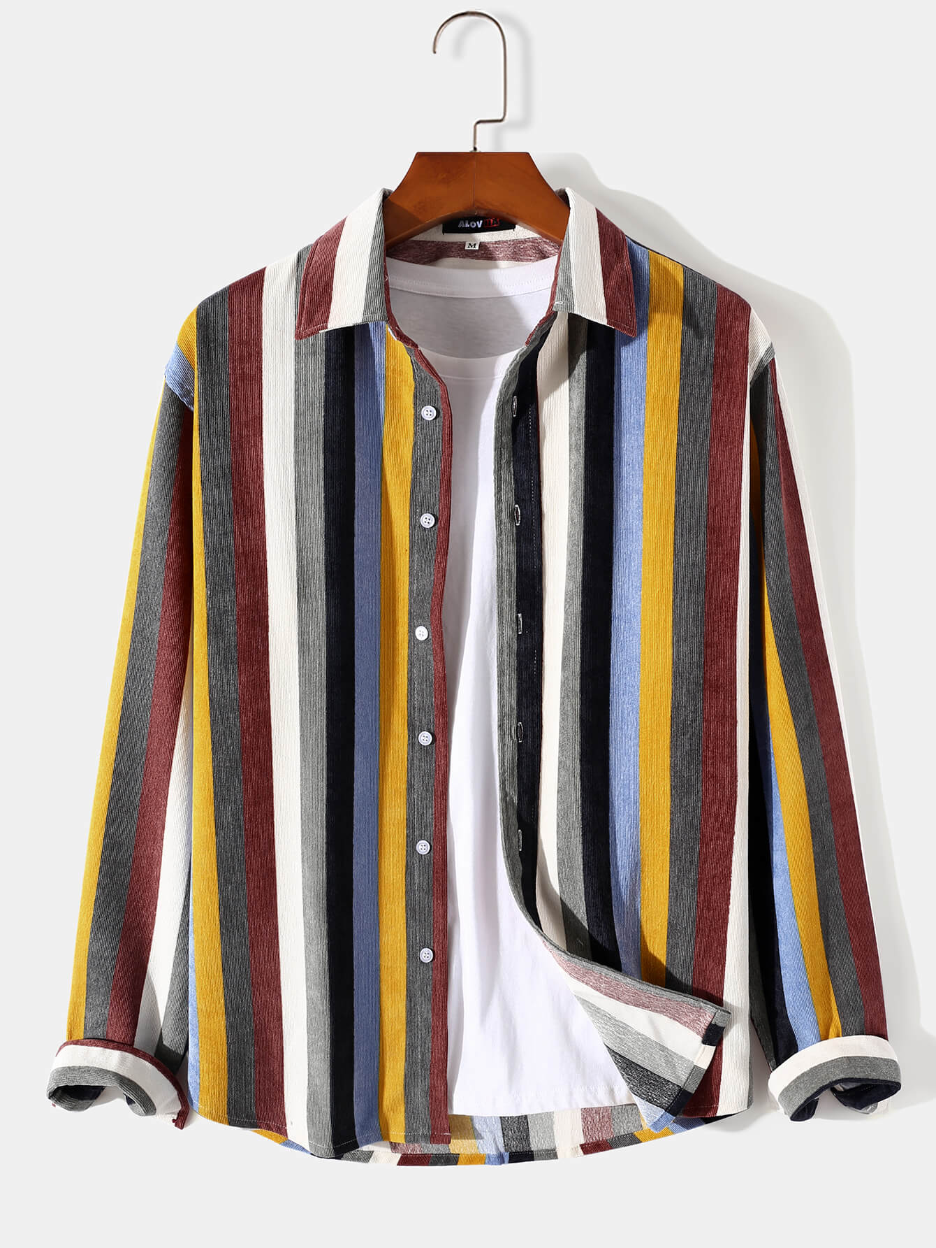 Men's Corduroy Color Stripe Print Long Sleeve Shirt