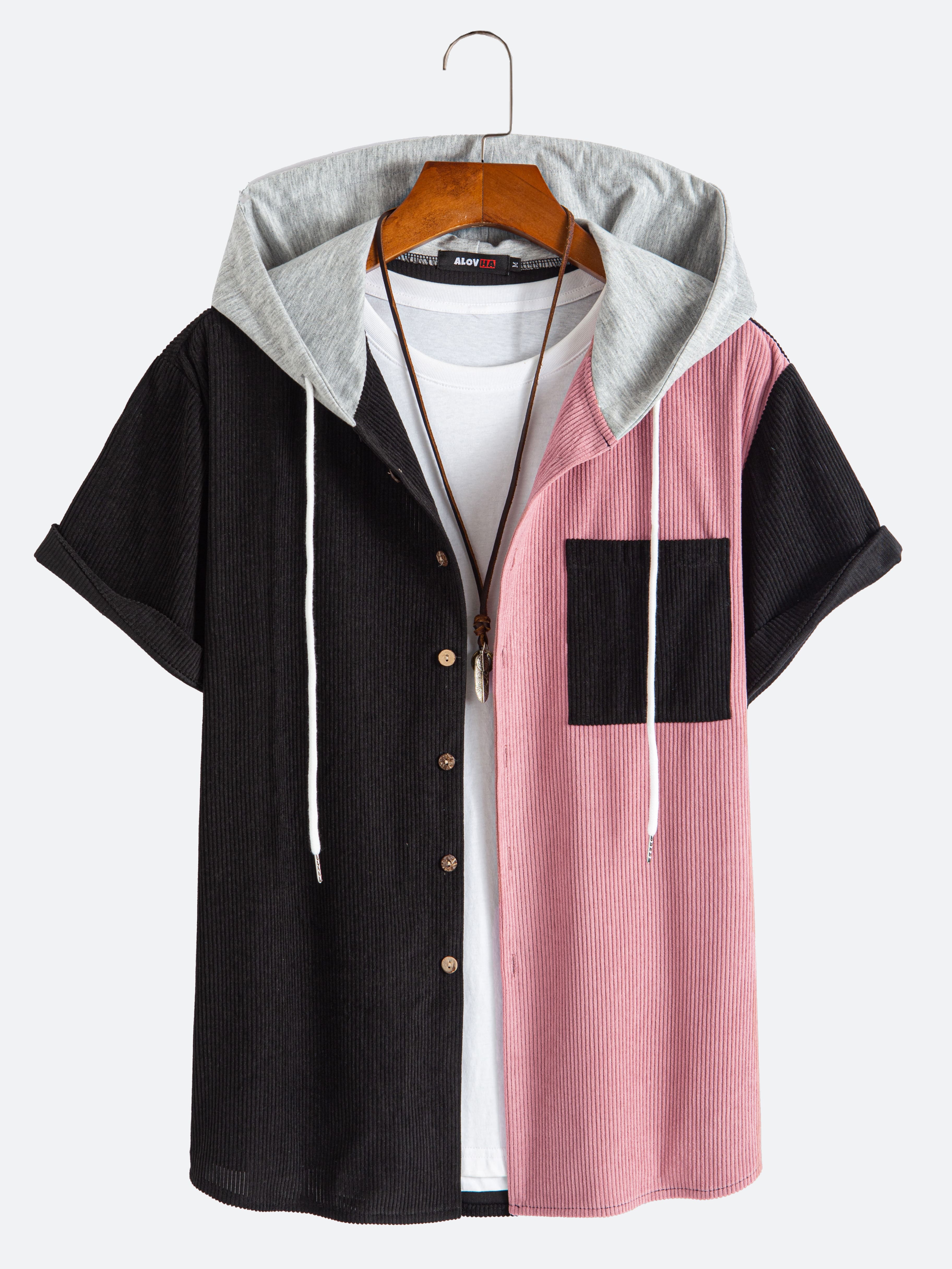 Men's Corduroy Black And Pink Patchwork Short Sleeve Button-Up Hoodie