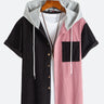 Men's Corduroy Black And Pink Patchwork Short Sleeve Button-Up Hoodie