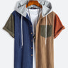 Men's Corduroy Contrast Patchwork Short Sleeve Button-Up Hoodie