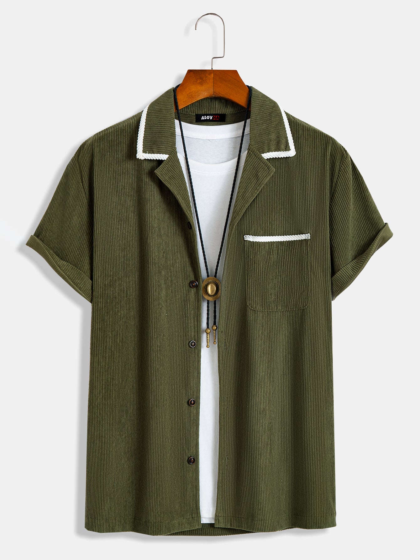 Men's Corduroy Green Short Sleeve Button Up Shirt