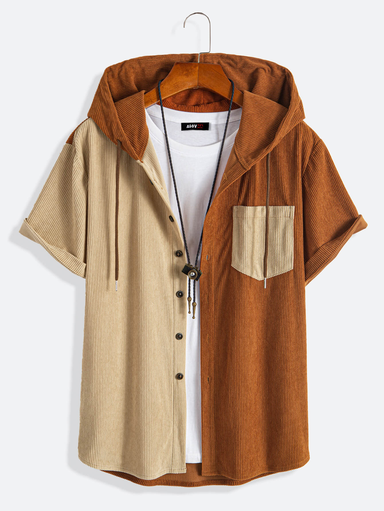 Men's Corduroy Paneled Short Sleeve Button Up Hoodie