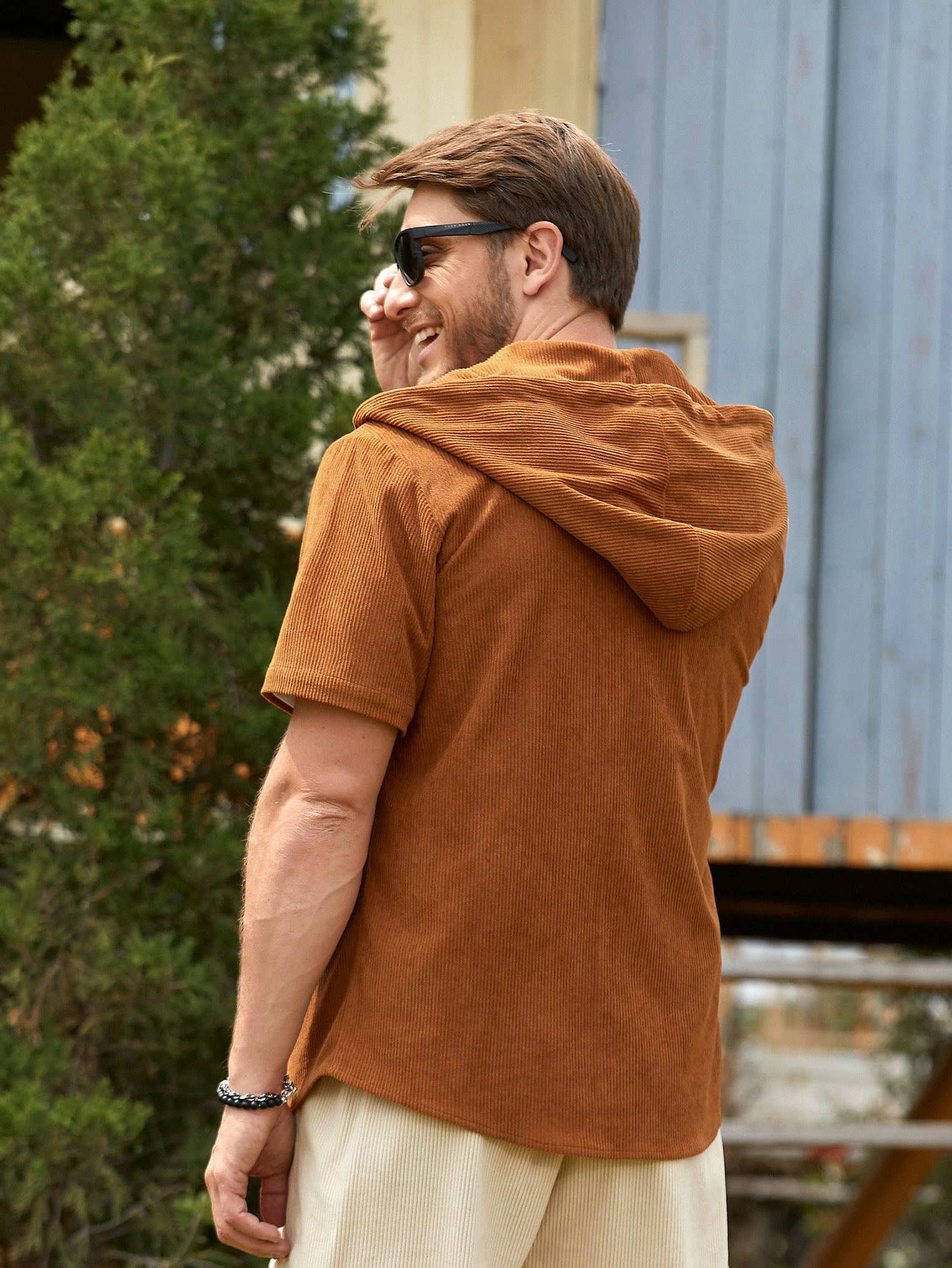 Men's Corduroy Paneled Short Sleeve Button Up Hoodie