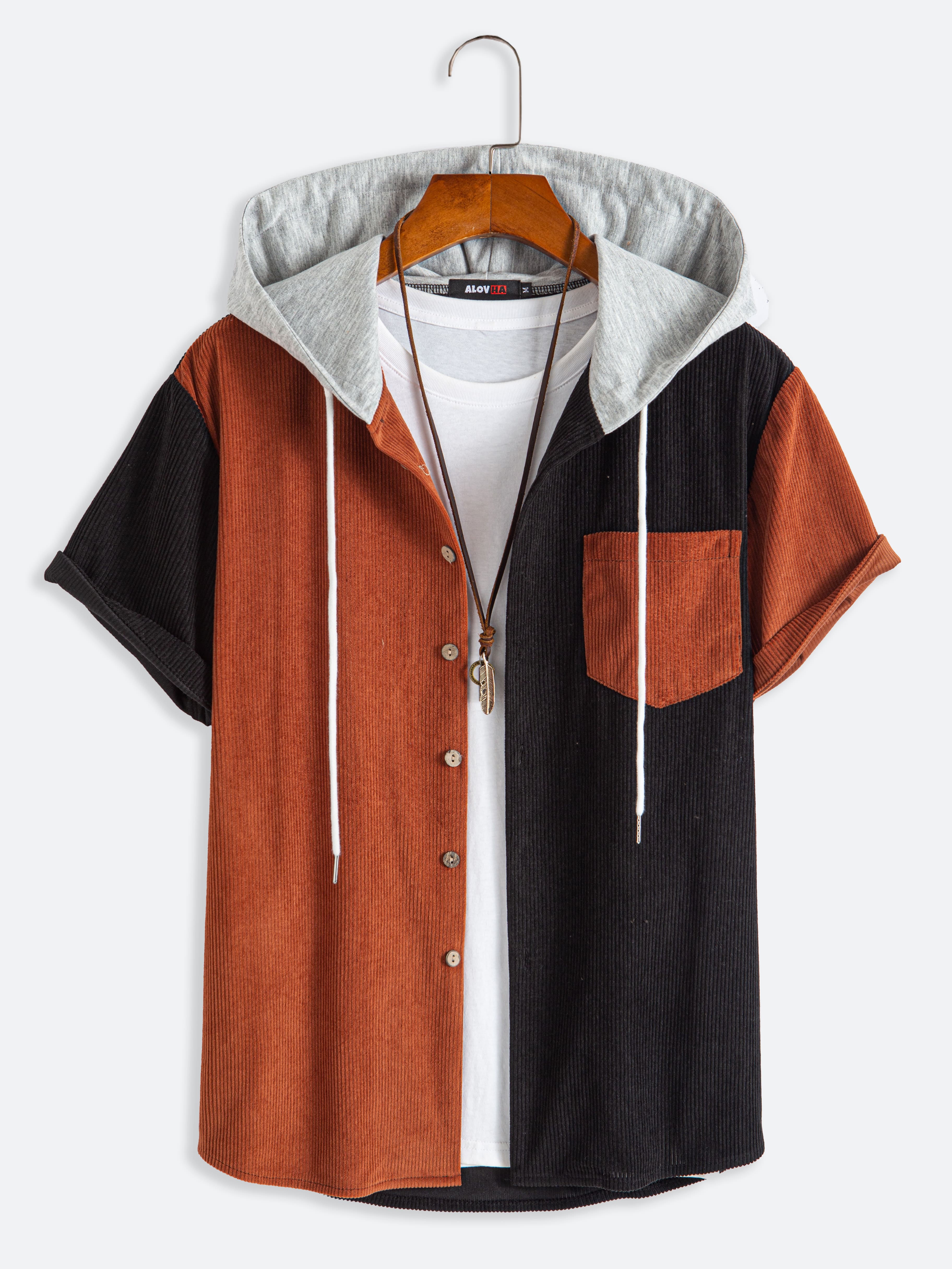 Men's Corduroy Patchwork Short Sleeve Button Up  Hoodie