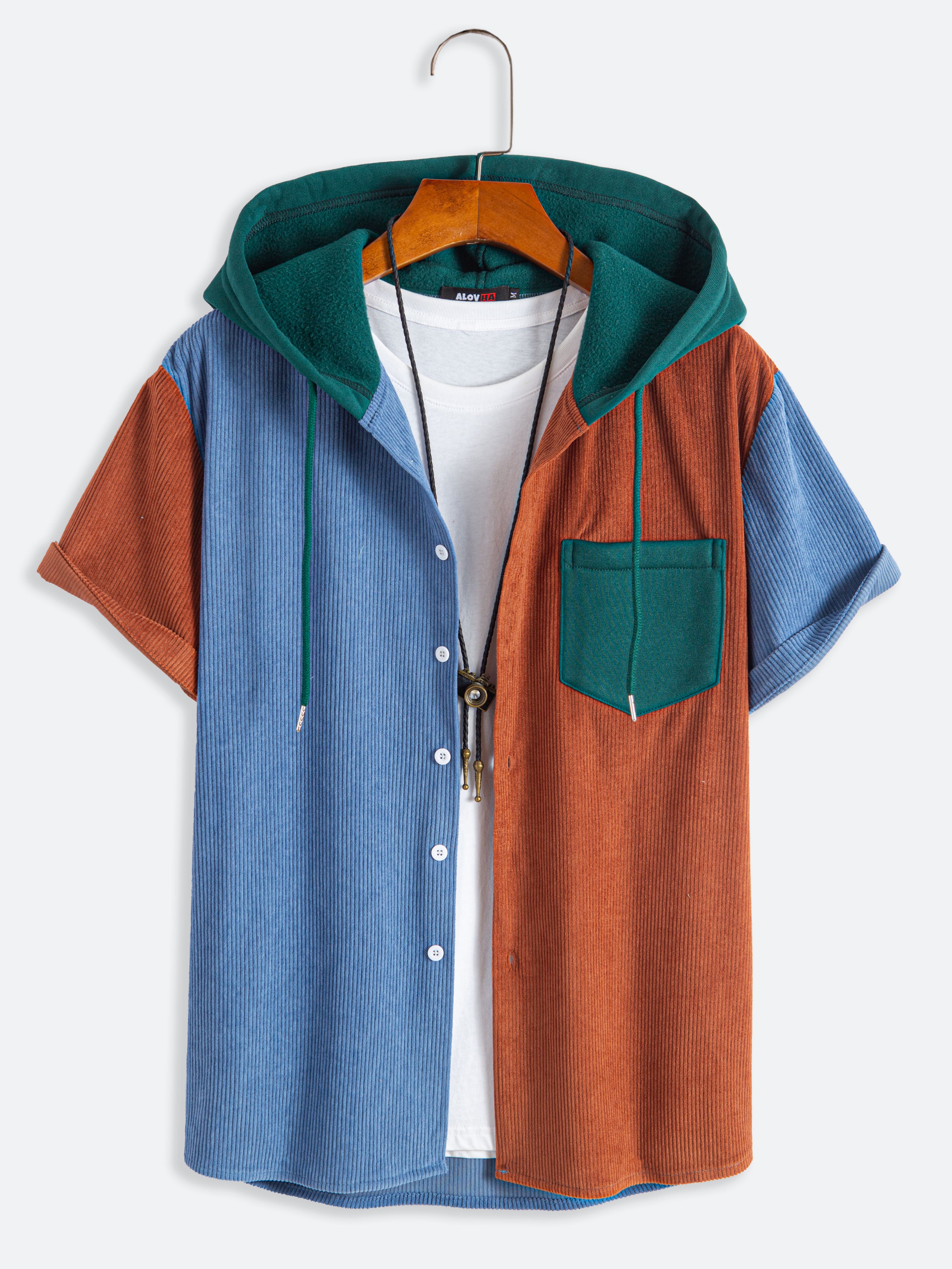 Men's Corduroy Patchwork Short Sleeve Hoodie