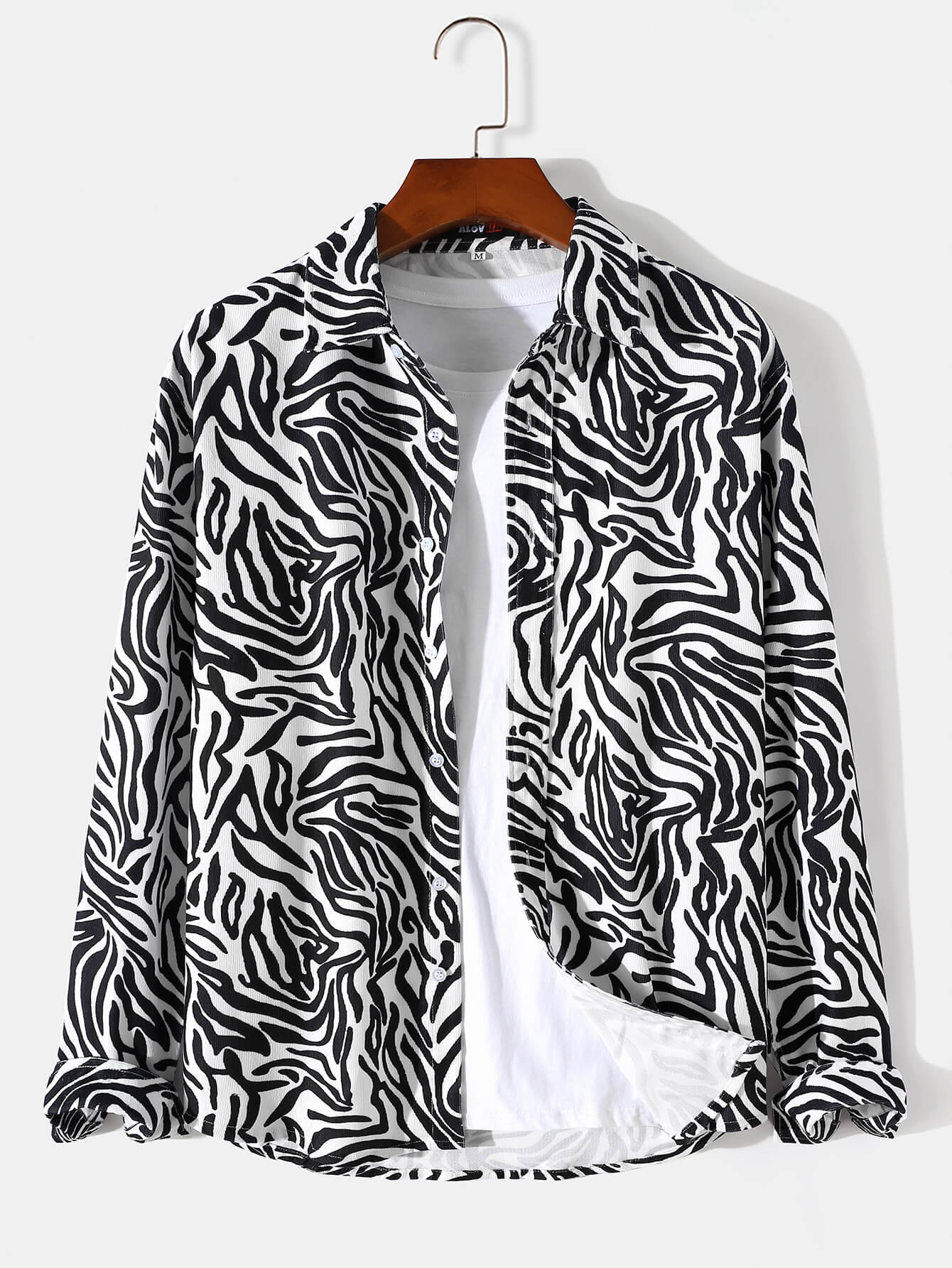 Mens Corduroy Zebra Print Button Up Long Sleeve Overshirt