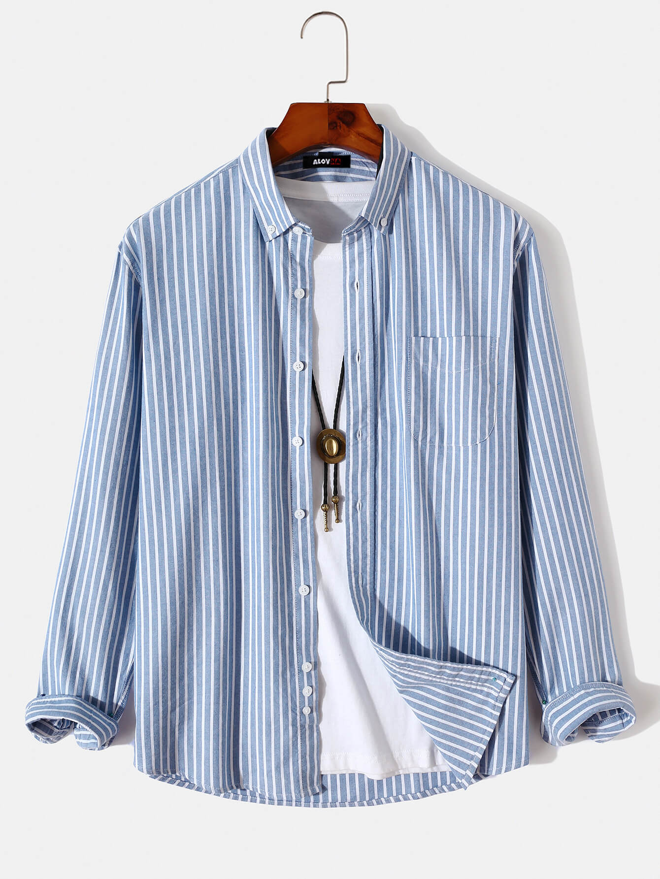 Men's Cotton Oxford Shirt Casual Versatile Long-Sleeved Striped Shirt