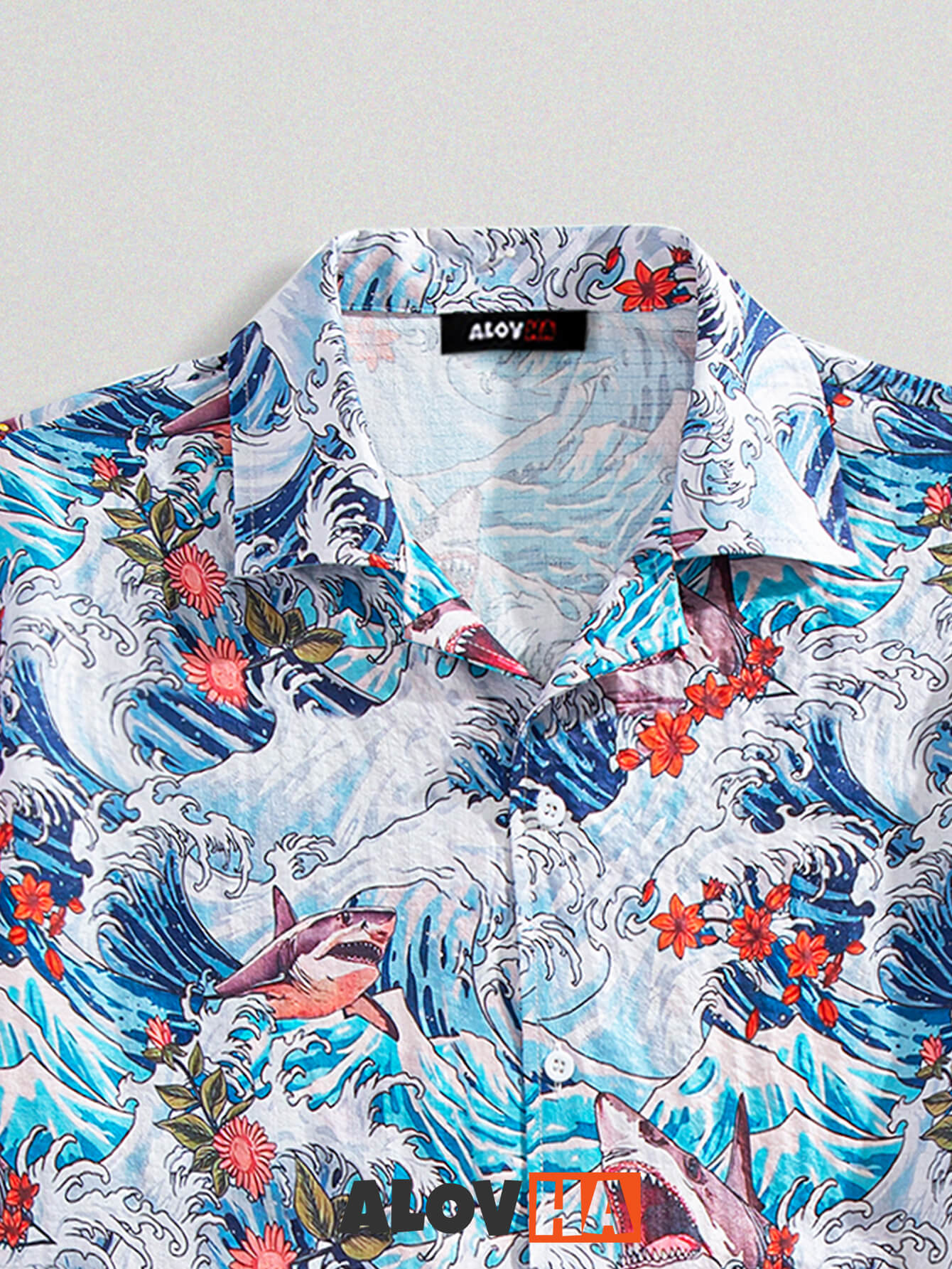 Men's Fashionable Wave Shark Print Design Textured Shirt