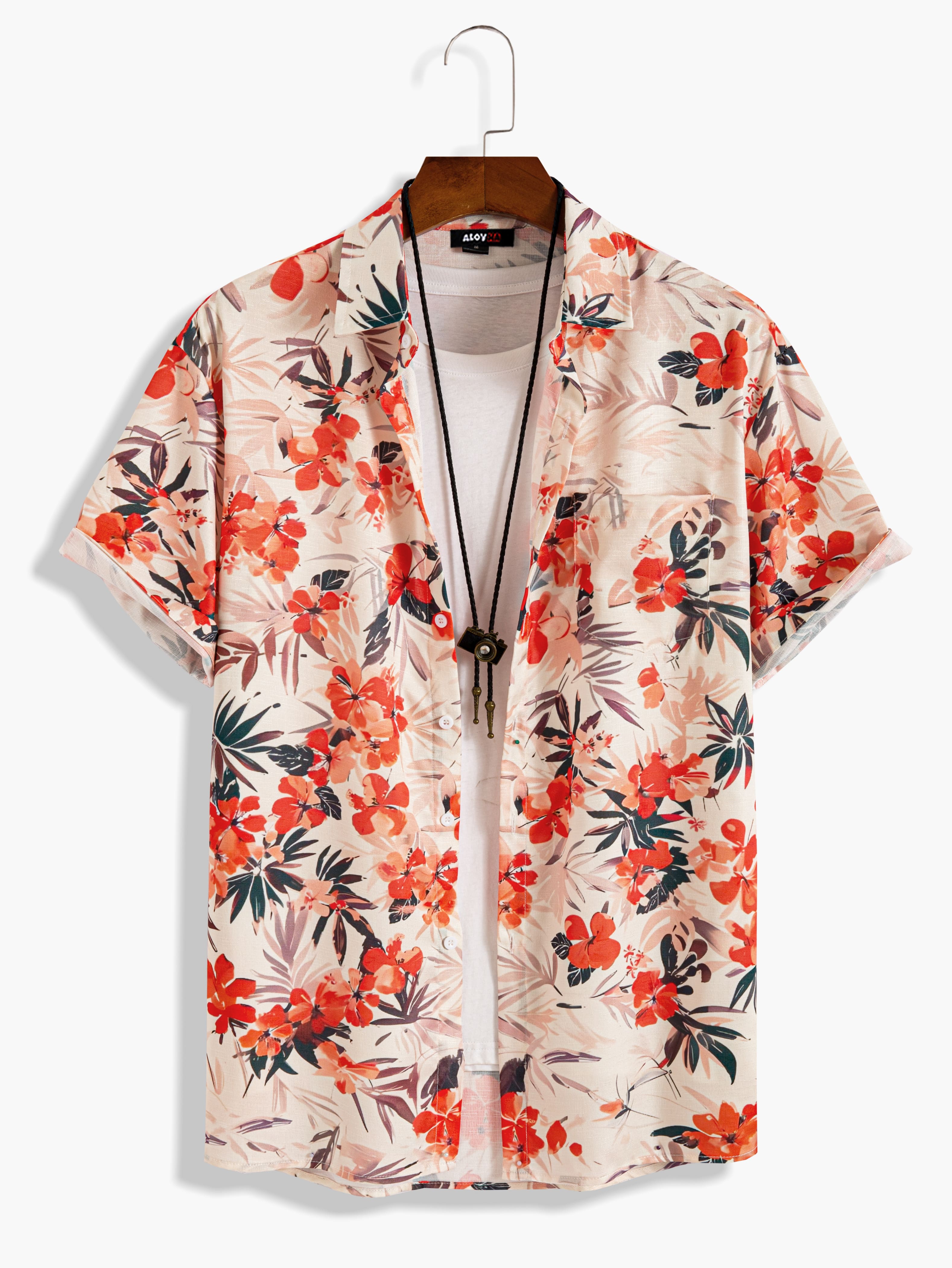 Men's Hawaiian Floral Print Textured Button-Up Shirt