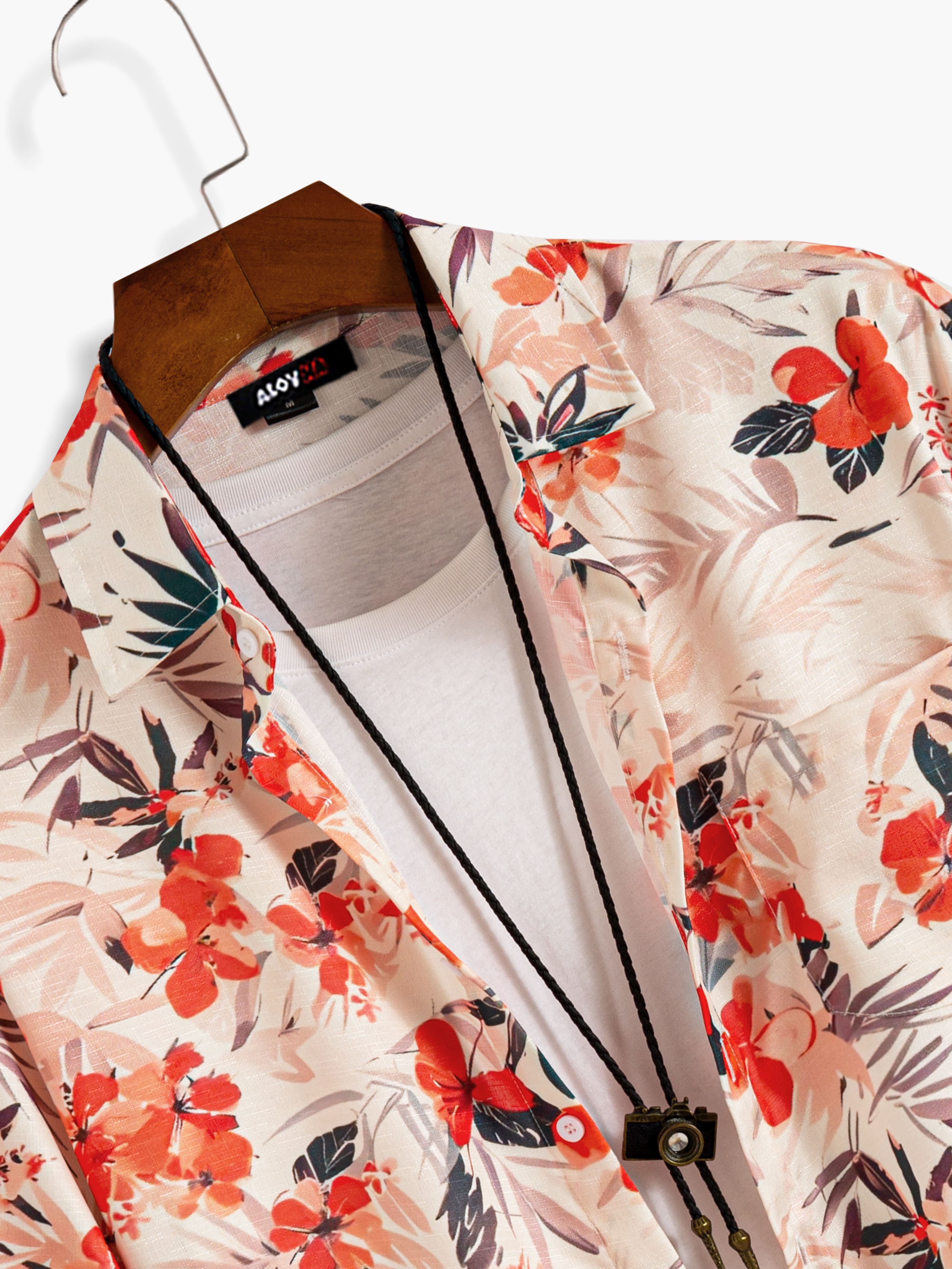 Men's Hawaiian Floral Print Textured Button-Up Shirt