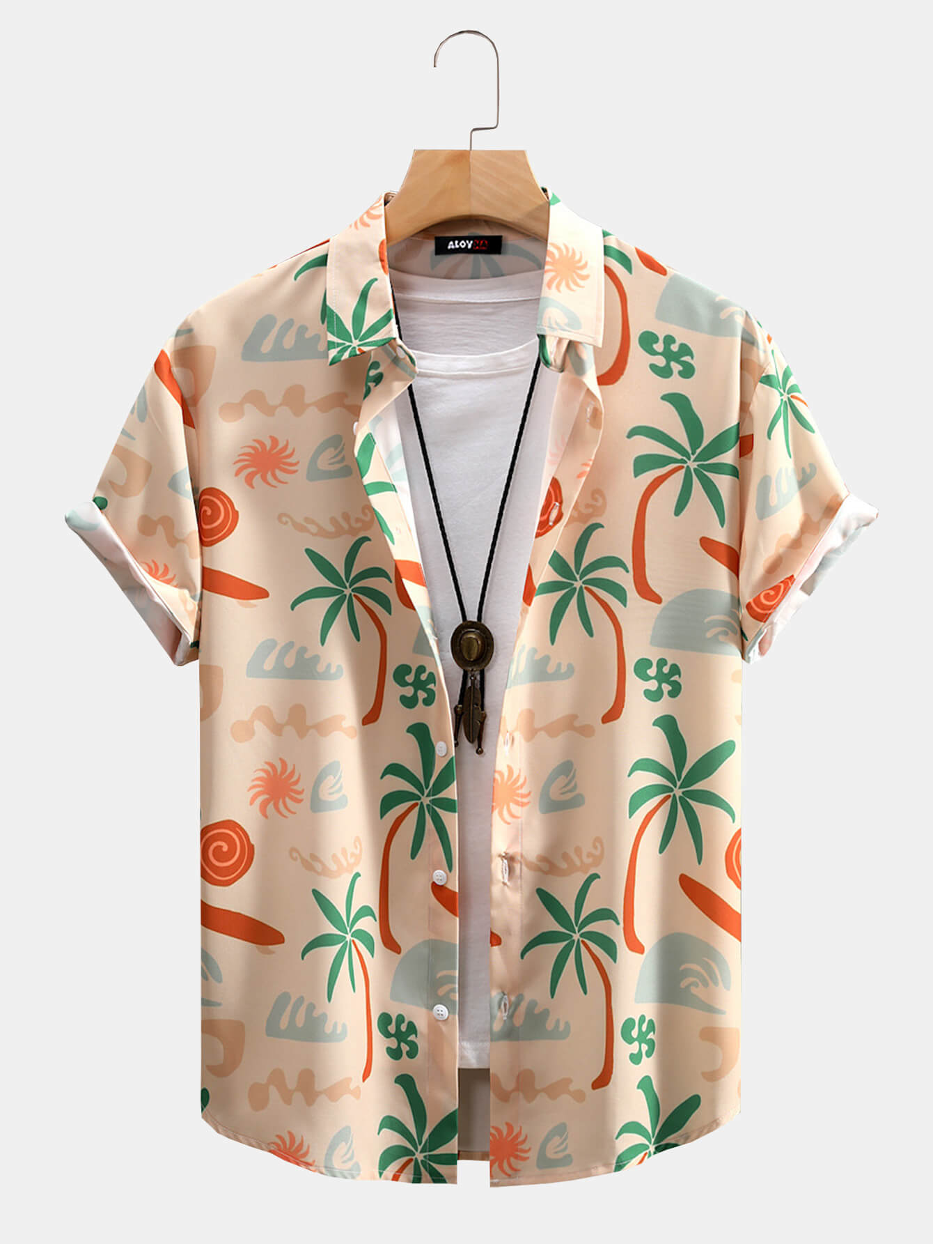 Men's Hawaiian Ocean Wave Tree Print Button-Up Shirt