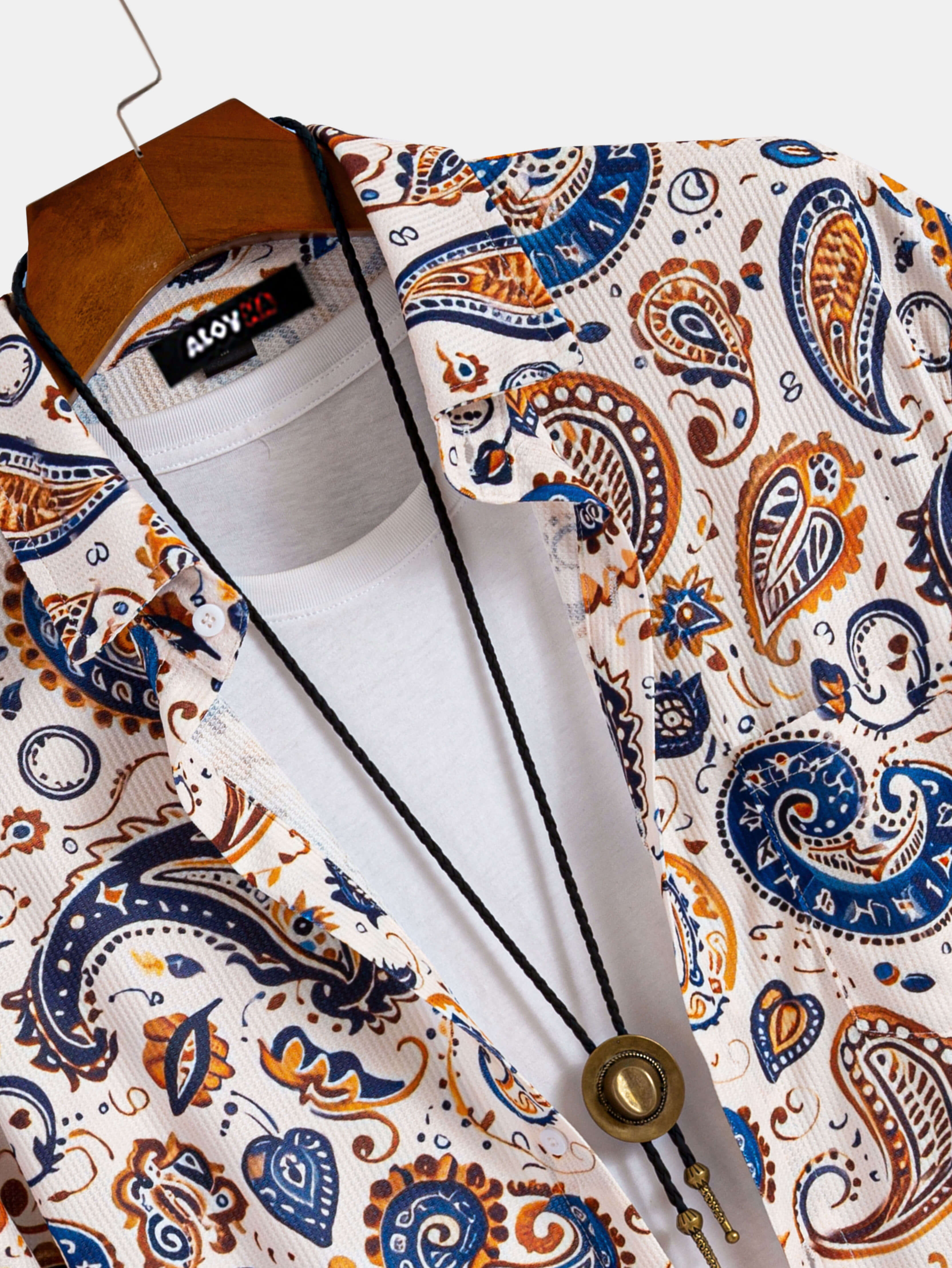 Men's Hawaiian Paisley Short Sleeve Button-Up Waffle Textured Shirt