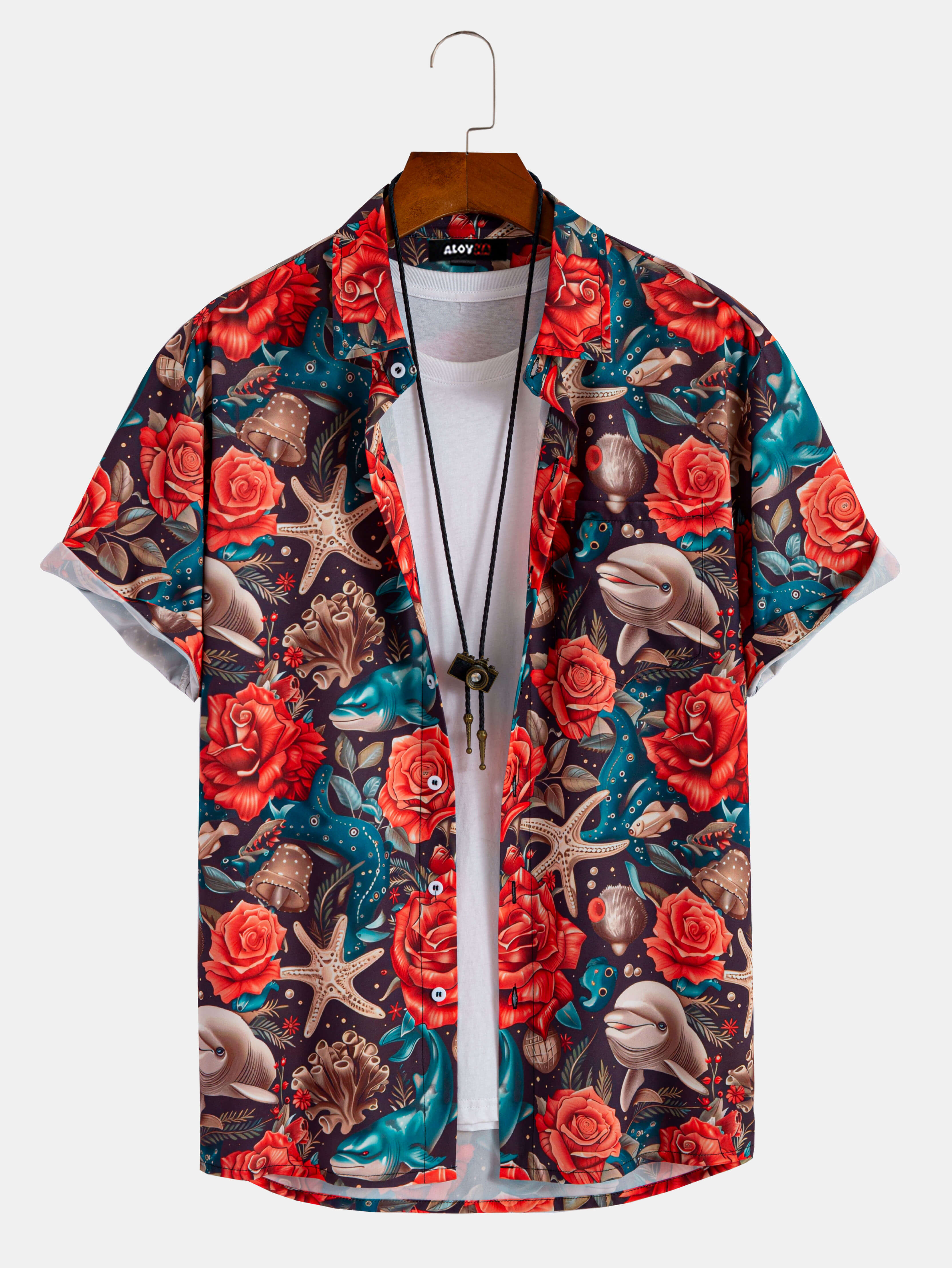 Men's Hawaiian Sea Garden Print Button-Up Shirt