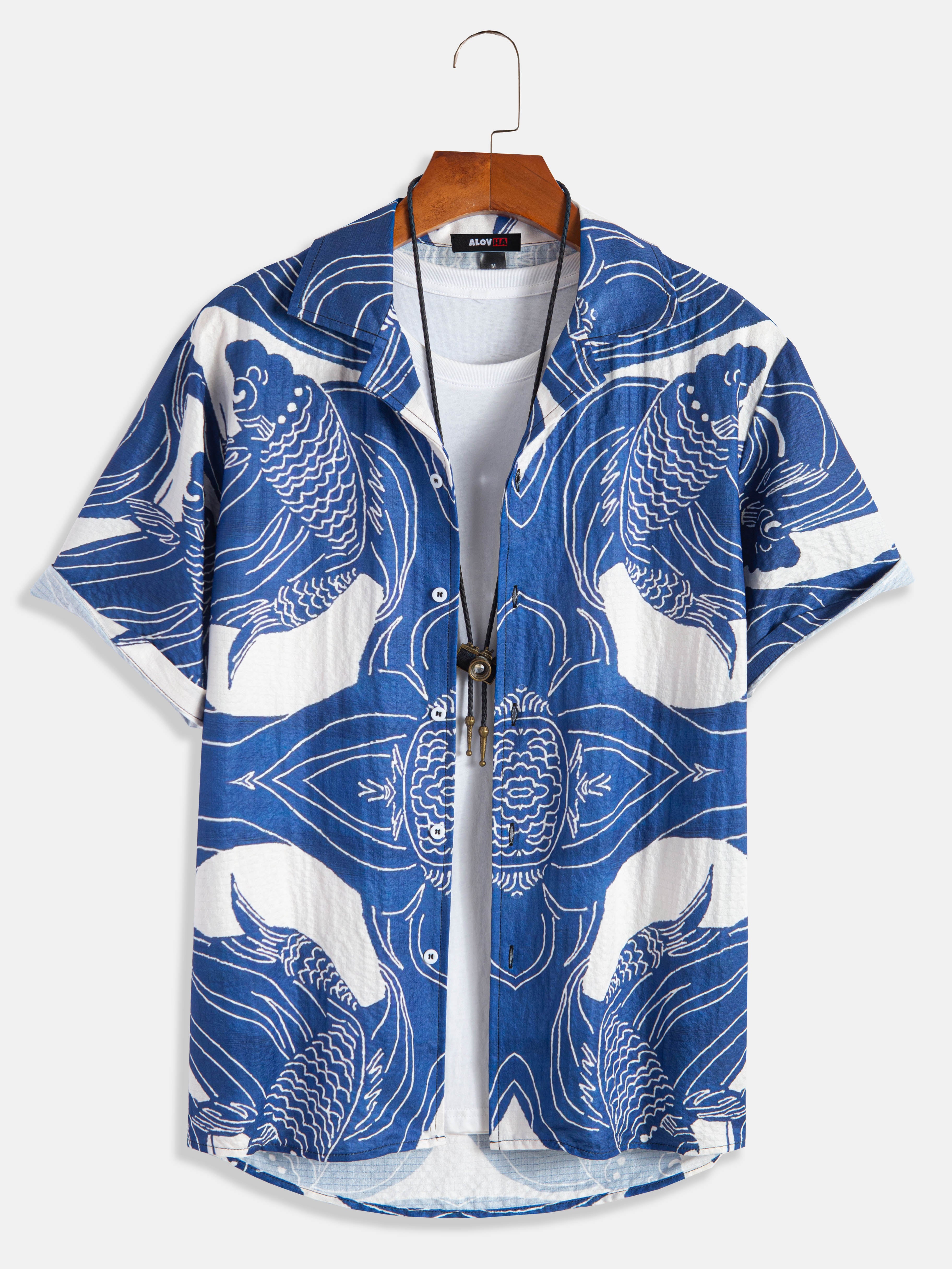 Men's Hawaiian Shirt Ocean Fish Button-Up Textured Shirt